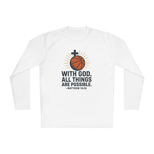 Inspirational Basketball Long Sleeve Tee - "With God, All Things Are Possible" Matthew 19:26 - Peak Inspiration