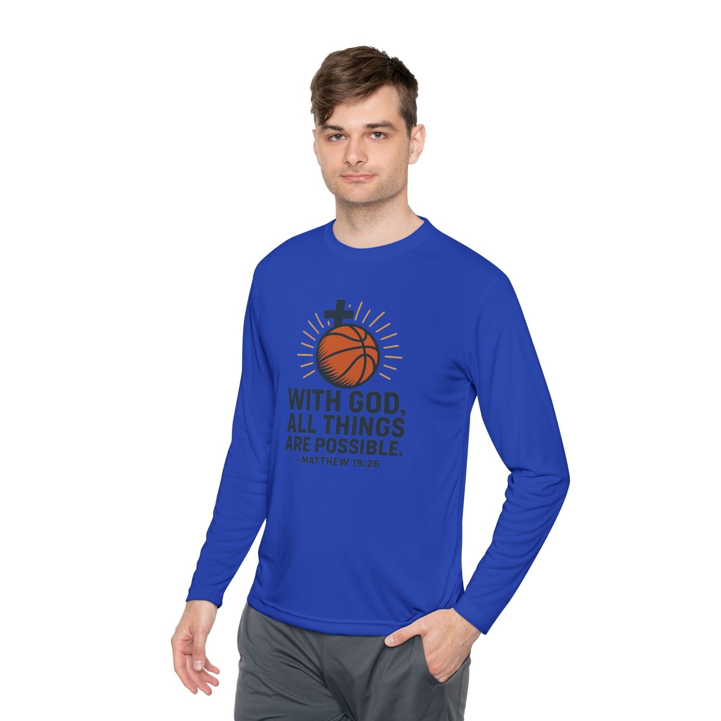 Inspirational Basketball Long Sleeve Tee - "With God, All Things Are Possible" Matthew 19:26 - Peak Inspiration