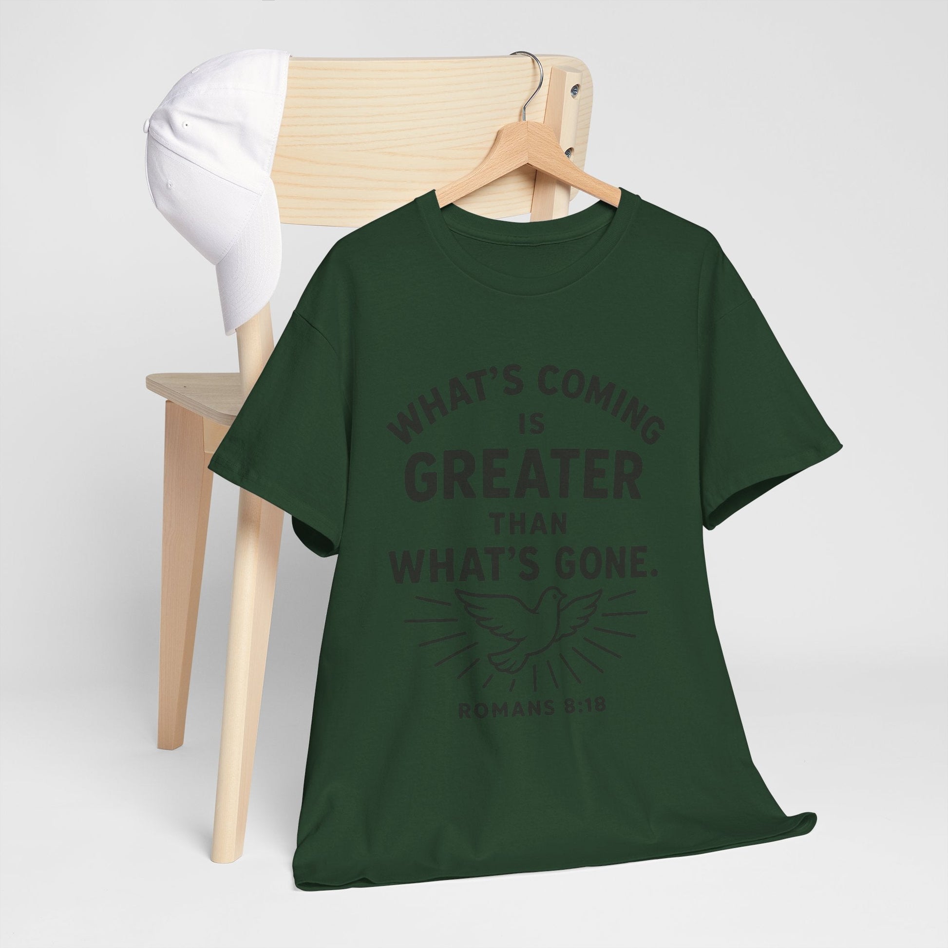 Inspirational Graphic Tee - "What’s Coming is Greater" - Versatile Unisex Heavy Cotton Shirt Romans 8:18 - Peak Inspiration