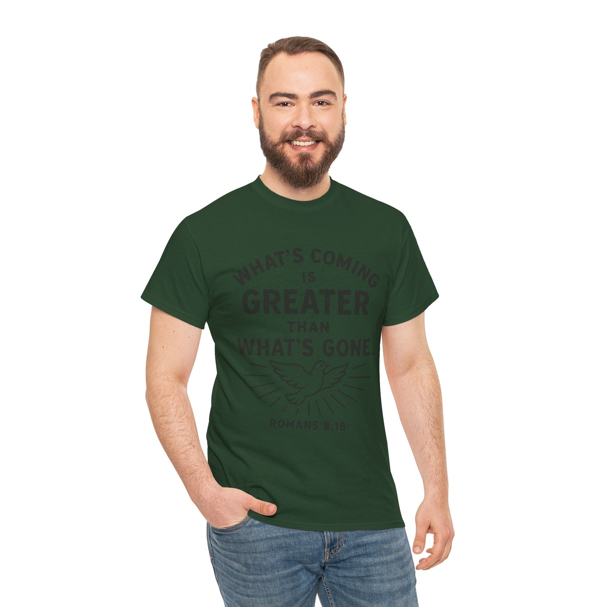 Inspirational Graphic Tee - "What’s Coming is Greater" - Versatile Unisex Heavy Cotton Shirt Romans 8:18 - Peak Inspiration