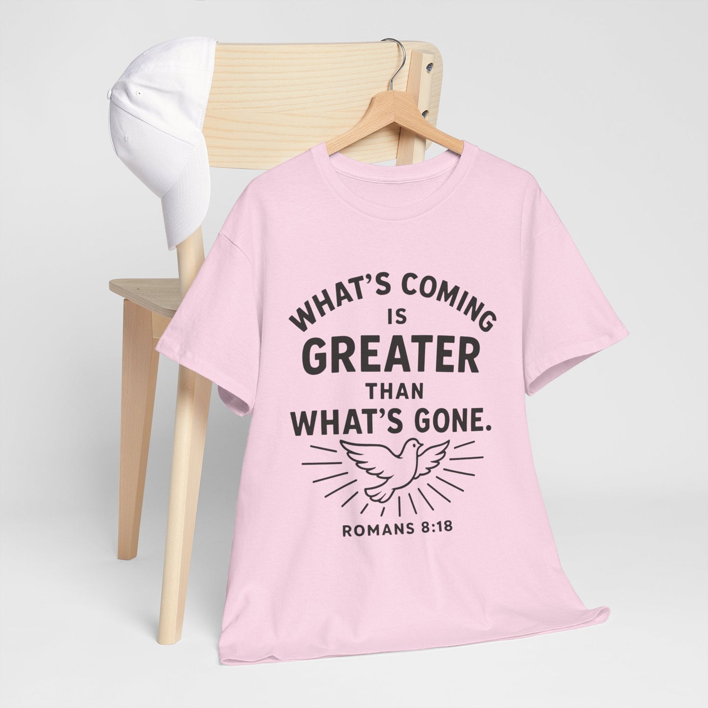 Inspirational Graphic Tee - "What’s Coming is Greater" - Versatile Unisex Heavy Cotton Shirt Romans 8:18 - Peak Inspiration