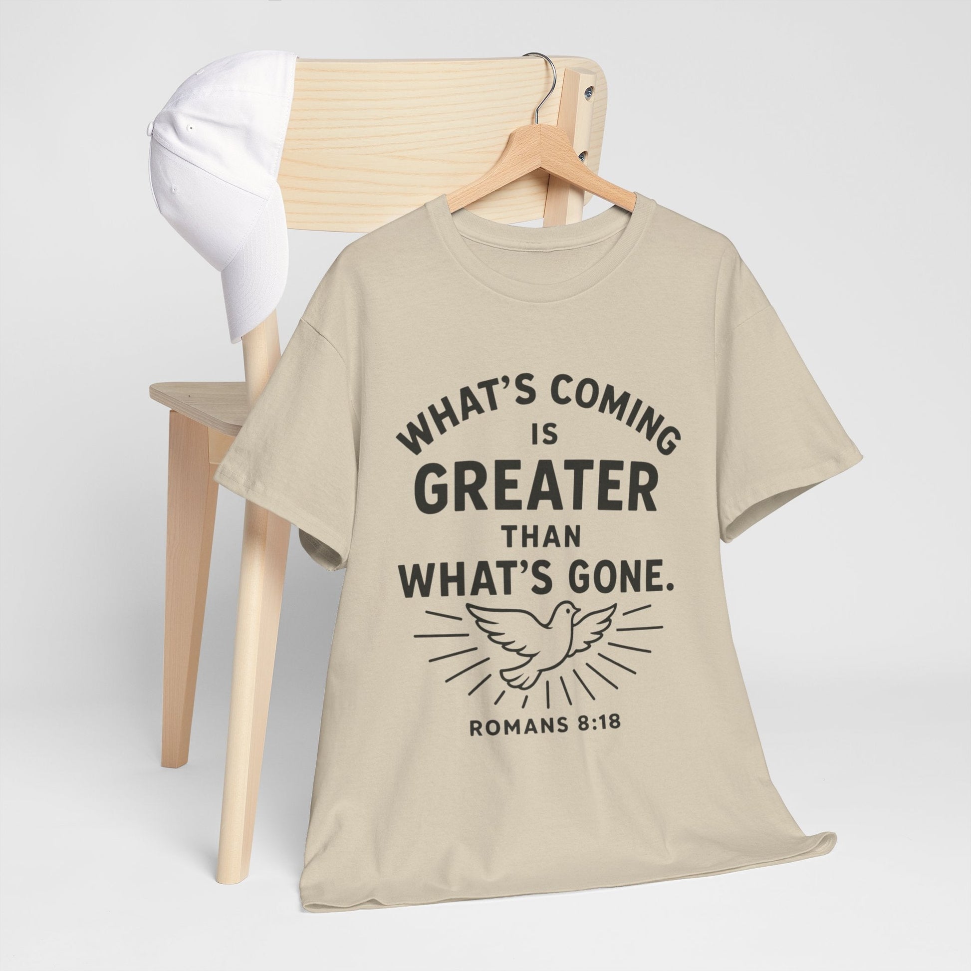 Inspirational Graphic Tee - "What’s Coming is Greater" - Versatile Unisex Heavy Cotton Shirt Romans 8:18 - Peak Inspiration