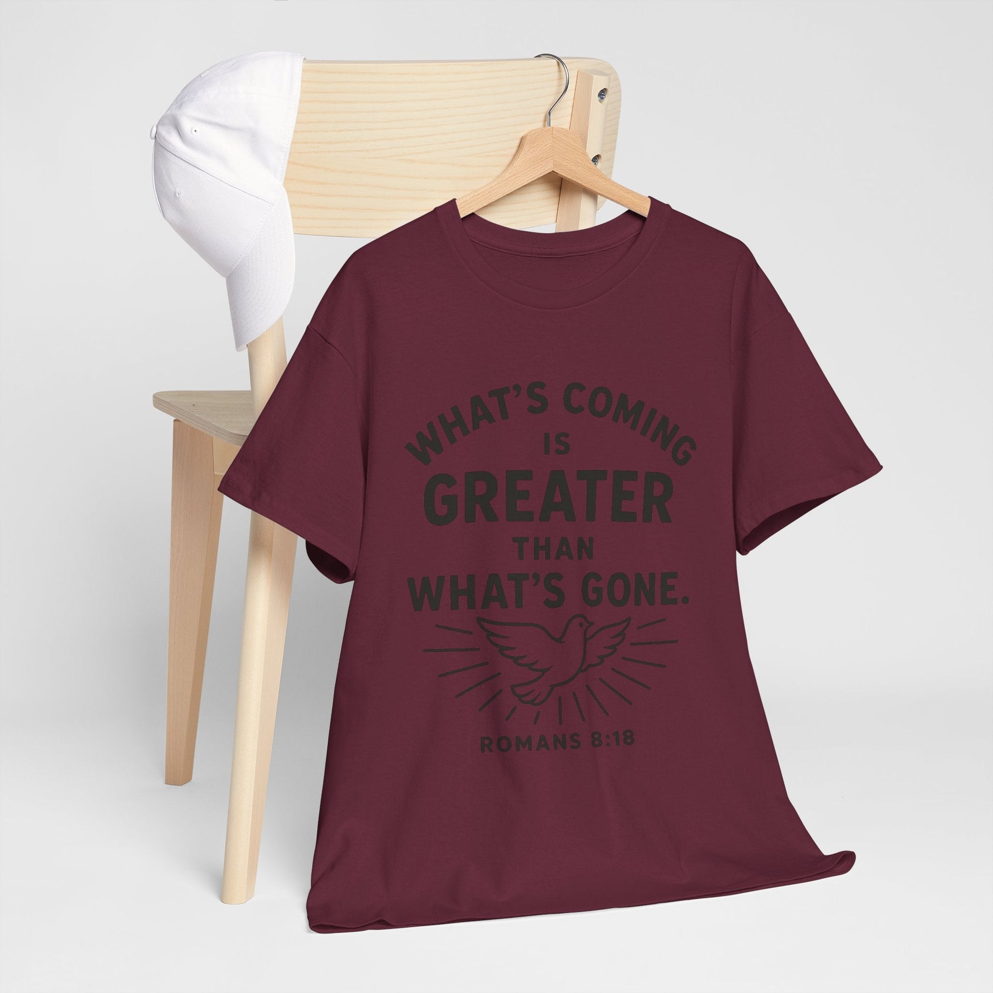 Inspirational Graphic Tee - "What’s Coming is Greater" - Versatile Unisex Heavy Cotton Shirt Romans 8:18 - Peak Inspiration