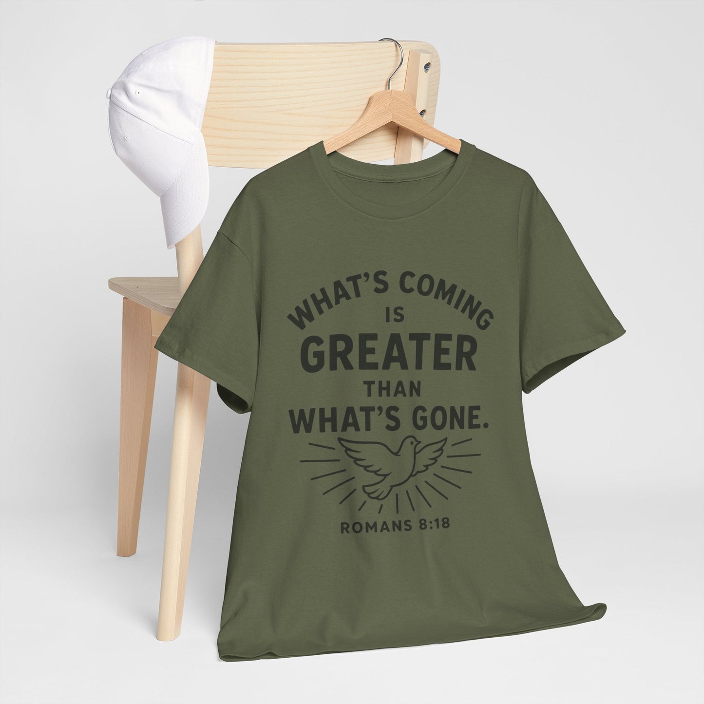Inspirational Graphic Tee - "What’s Coming is Greater" - Versatile Unisex Heavy Cotton Shirt Romans 8:18 - Peak Inspiration