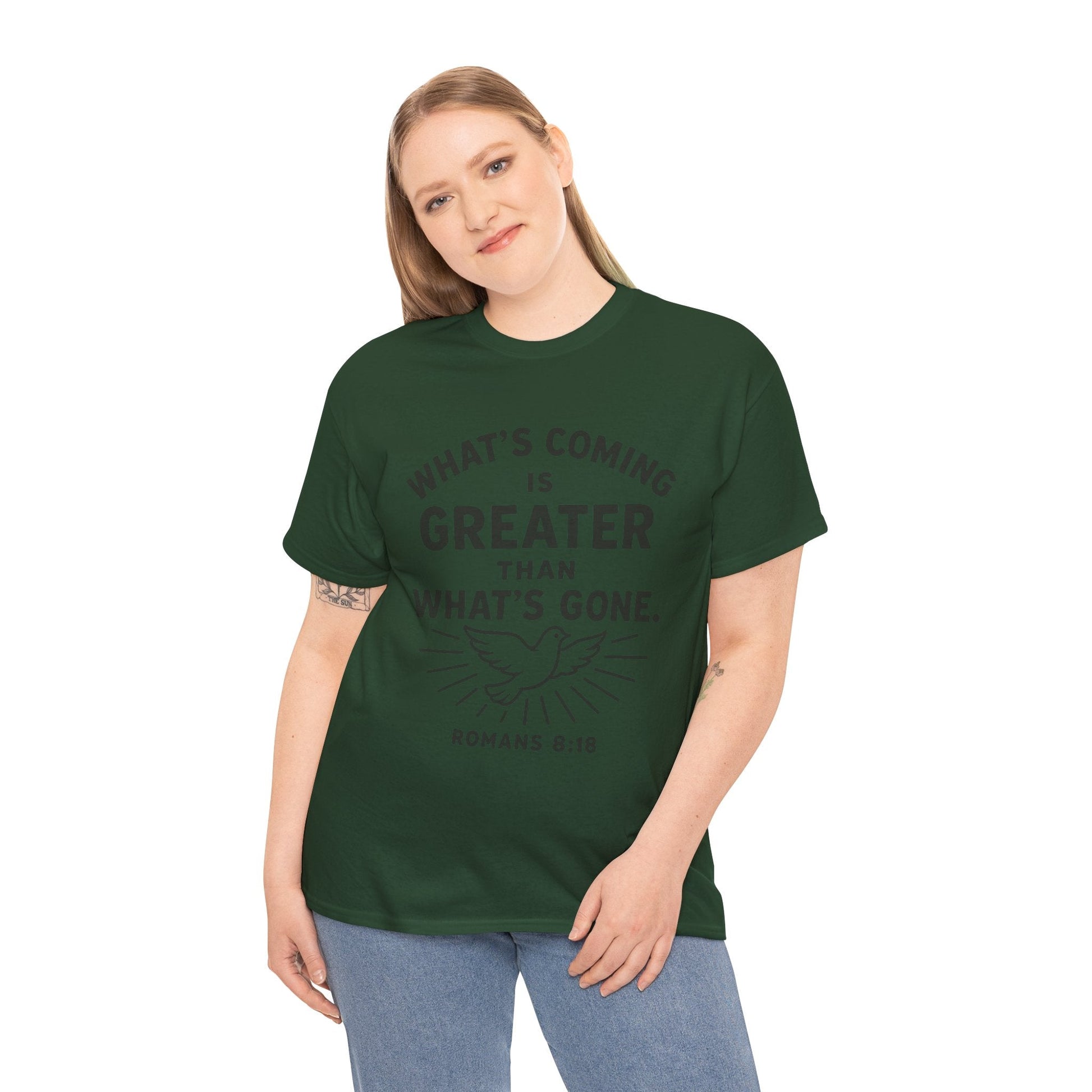 Inspirational Graphic Tee - "What’s Coming is Greater" - Versatile Unisex Heavy Cotton Shirt Romans 8:18 - Peak Inspiration