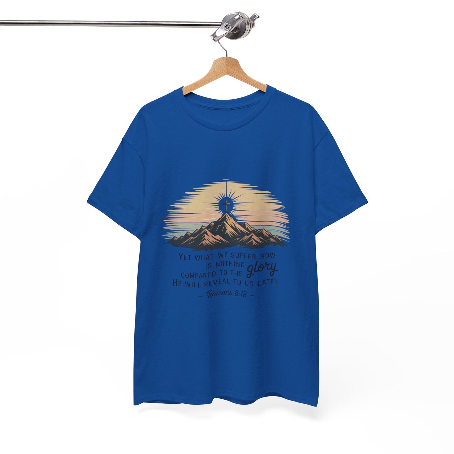 Inspirational Unisex Heavy Cotton Tee with Mountain Design Romans 8:18 - Peak Inspiration