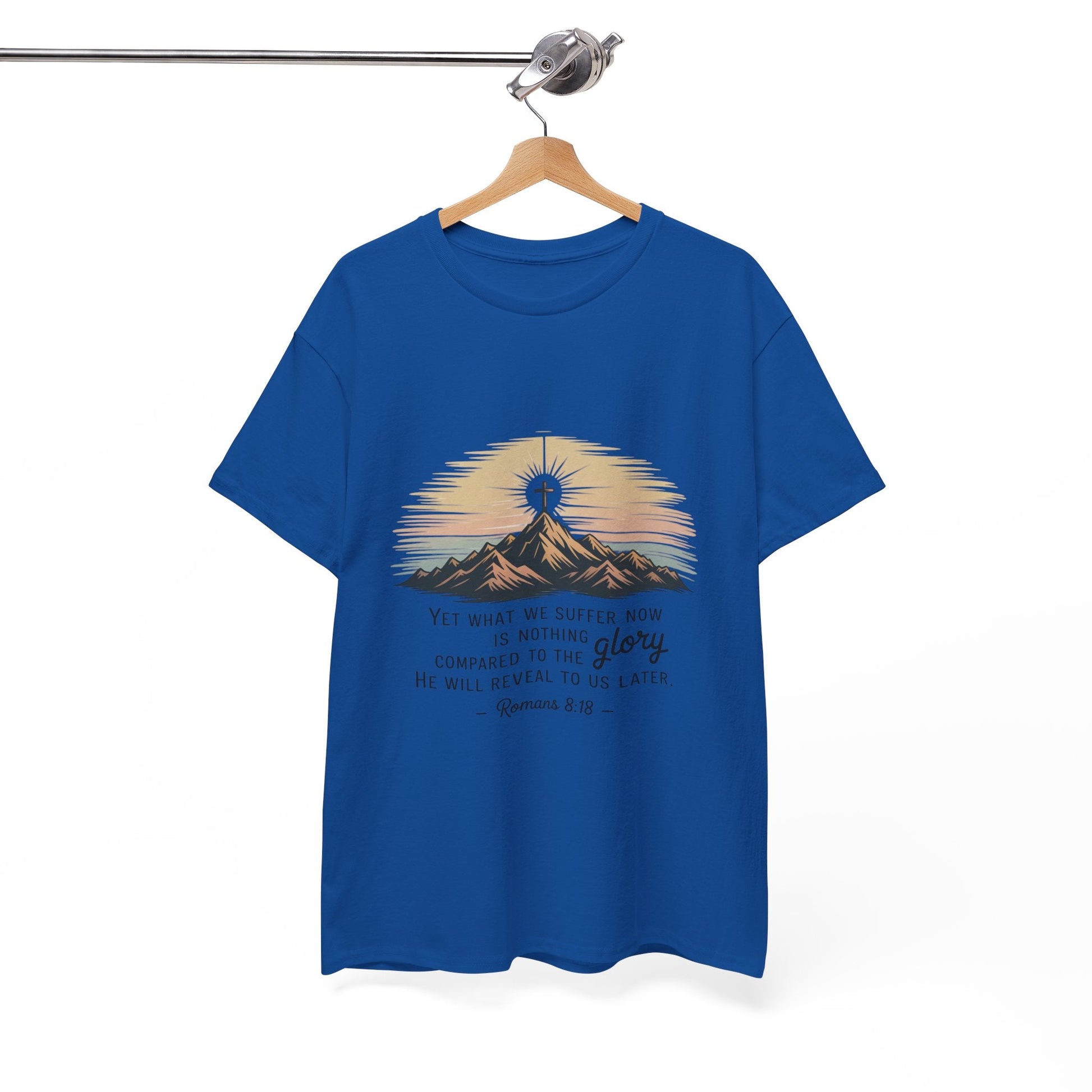 Inspirational Unisex Heavy Cotton Tee with Mountain Design Romans 8:18 - Peak Inspiration