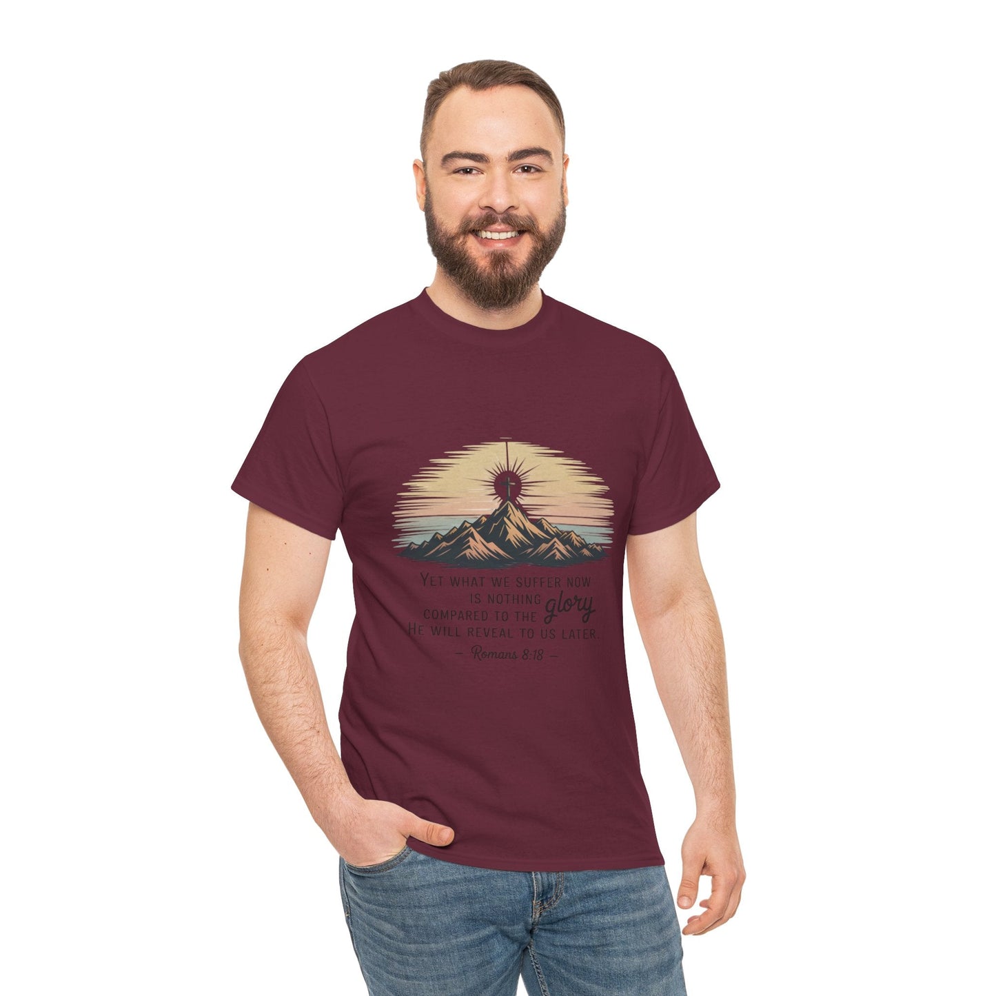 Inspirational Unisex Heavy Cotton Tee with Mountain Design Romans 8:18 - Peak Inspiration