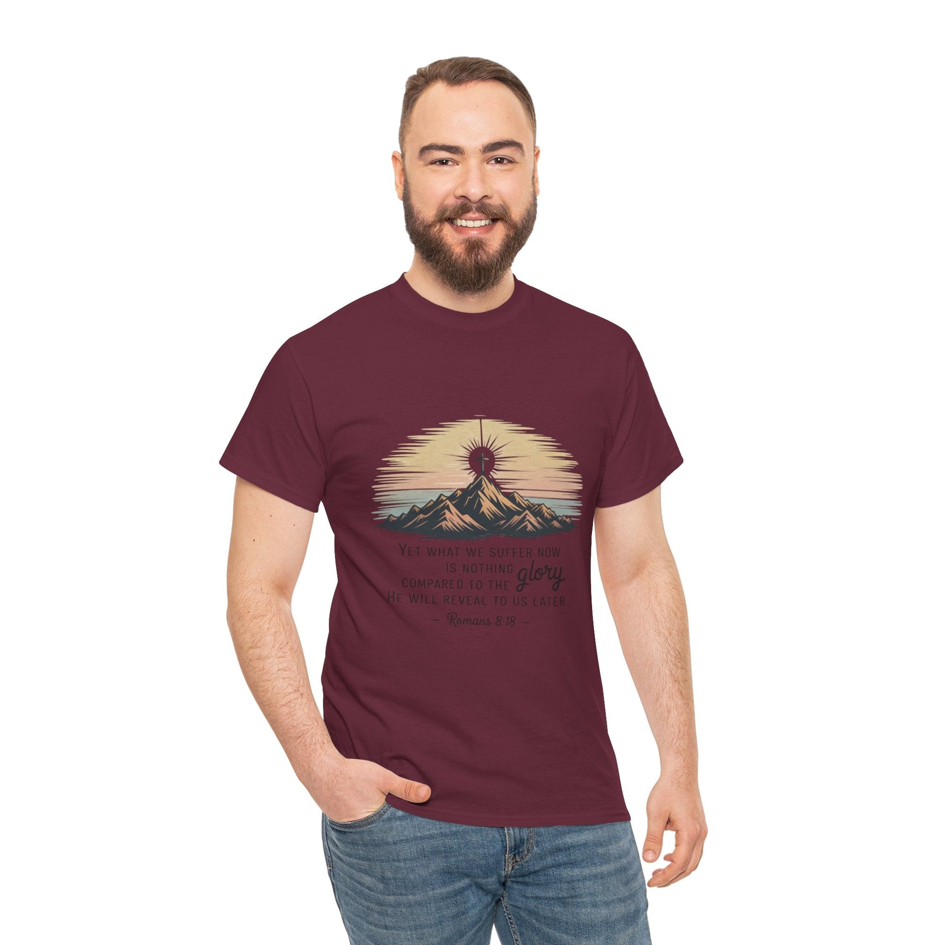 Inspirational Unisex Heavy Cotton Tee with Mountain Design Romans 8:18 - Peak Inspiration