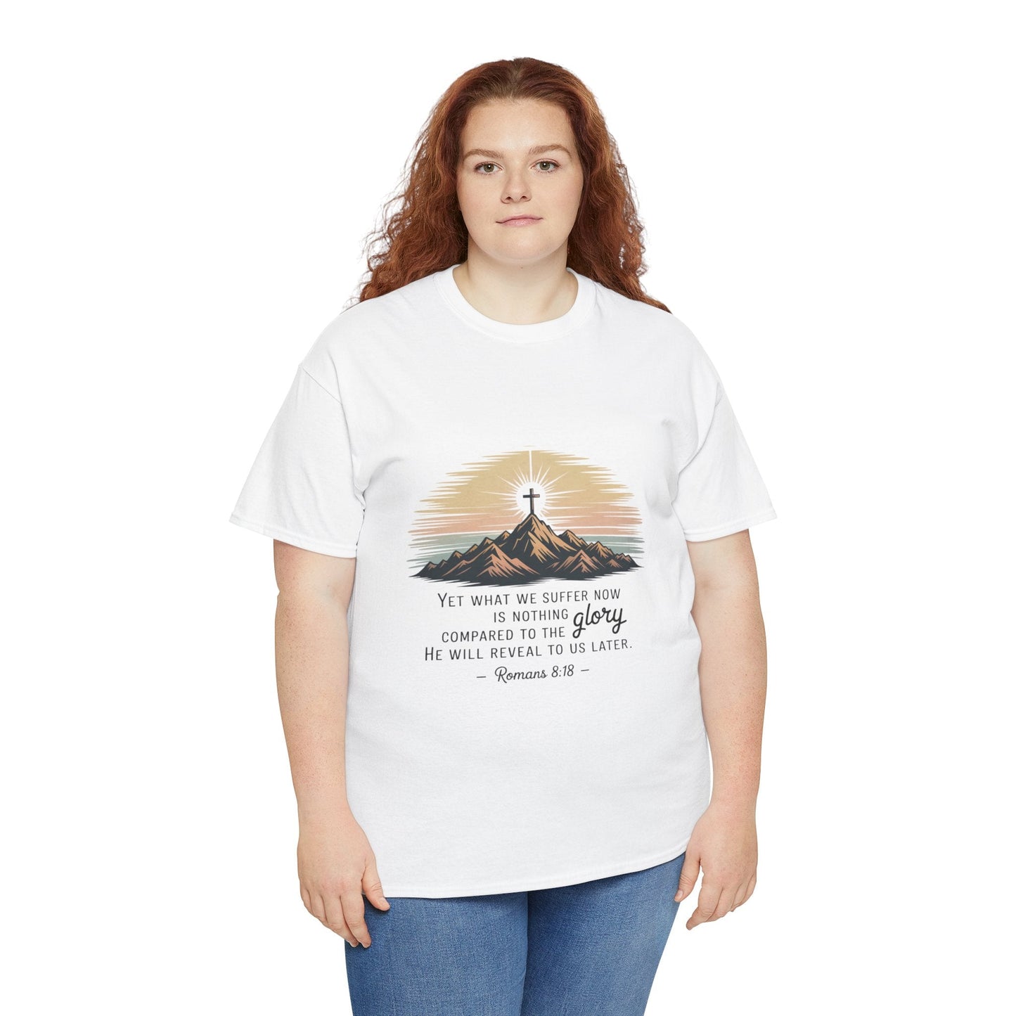 Inspirational Unisex Heavy Cotton Tee with Mountain Design Romans 8:18 - Peak Inspiration