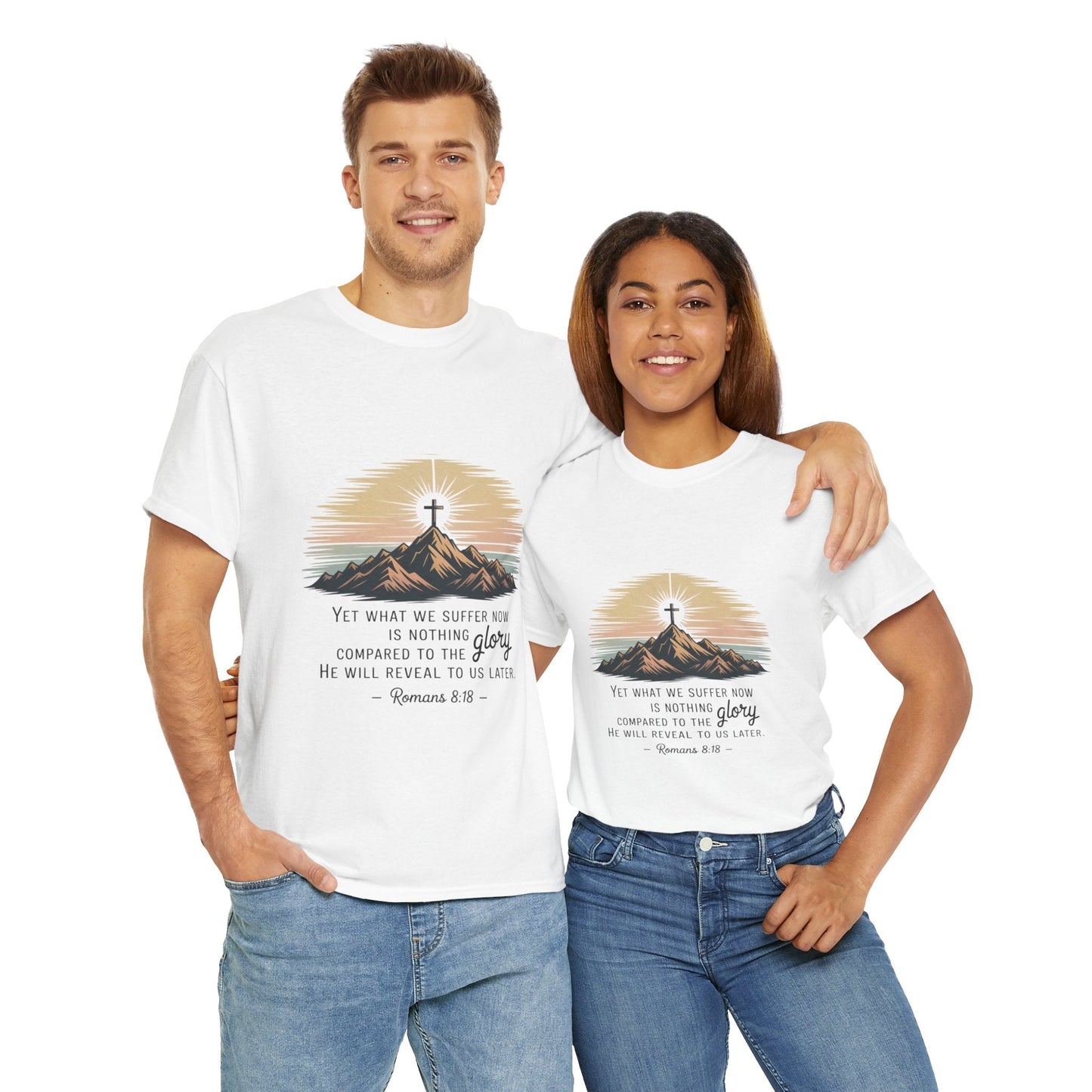 Inspirational Unisex Heavy Cotton Tee with Mountain Design Romans 8:18 - Peak Inspiration
