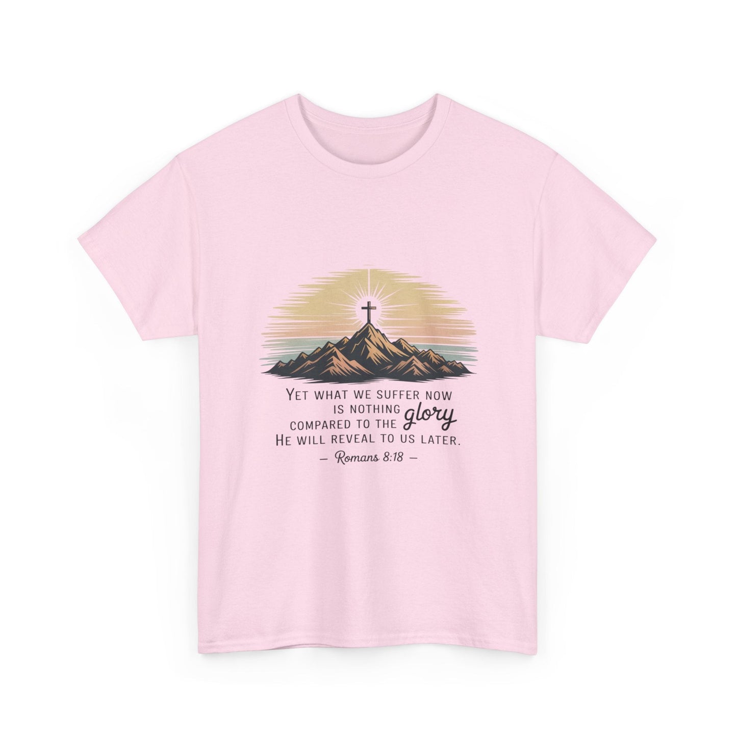 Inspirational Unisex Heavy Cotton Tee with Mountain Design Romans 8:18 - Peak Inspiration