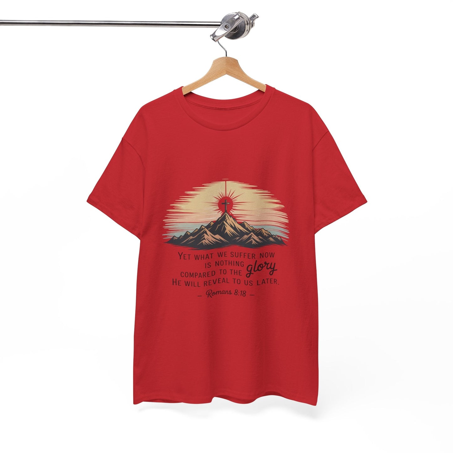 Inspirational Unisex Heavy Cotton Tee with Mountain Design Romans 8:18 - Peak Inspiration