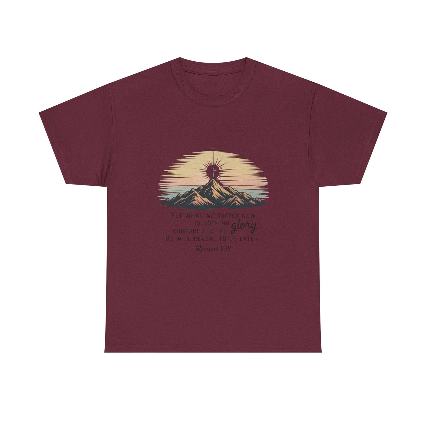 Inspirational Unisex Heavy Cotton Tee with Mountain Design Romans 8:18 - Peak Inspiration