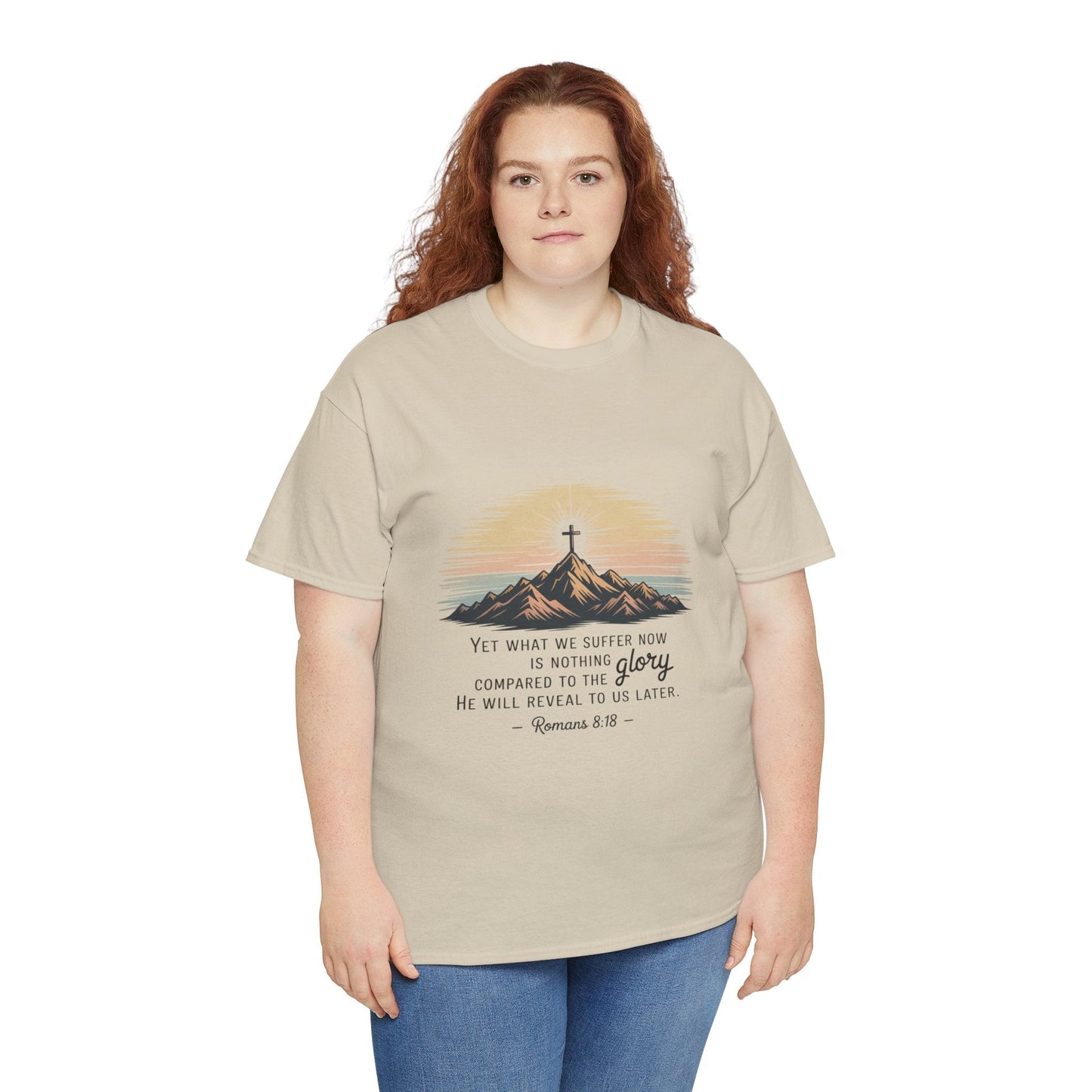 Inspirational Unisex Heavy Cotton Tee with Mountain Design Romans 8:18 - Peak Inspiration