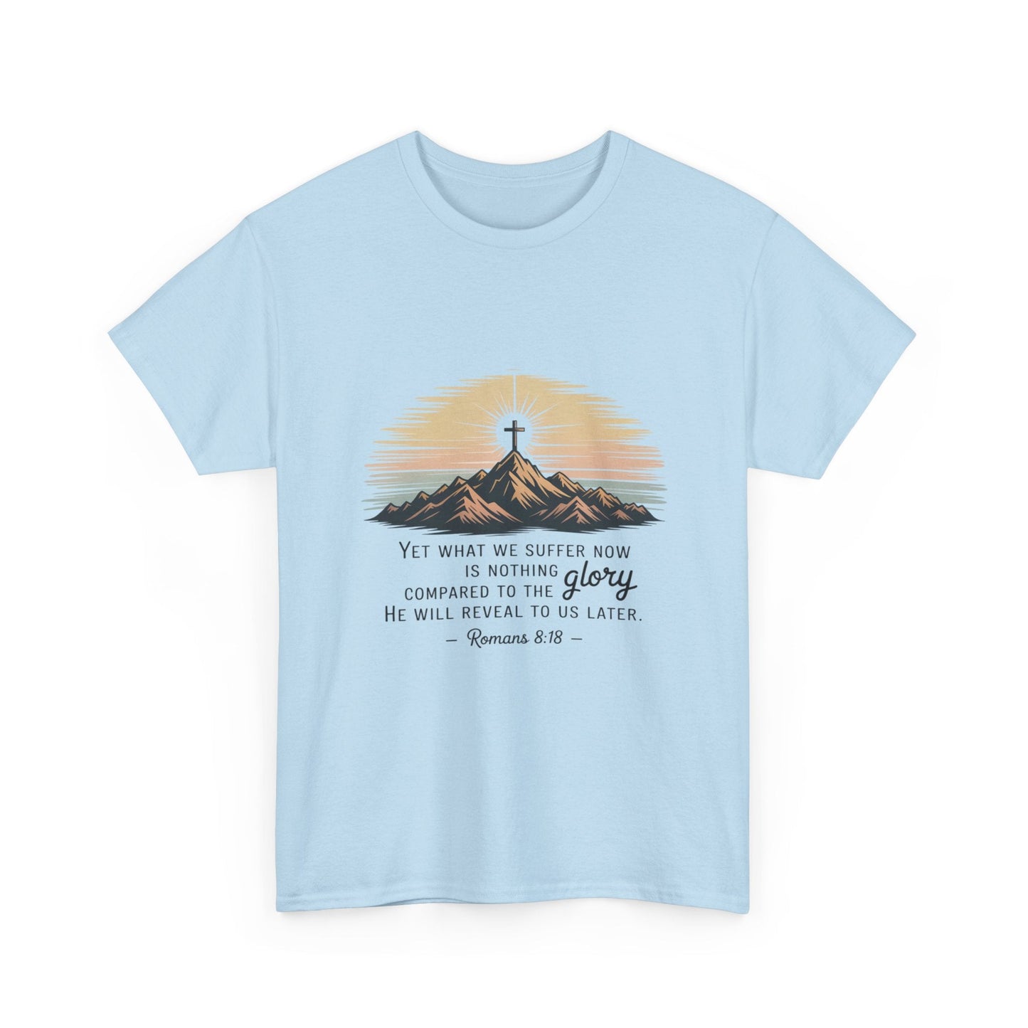 Inspirational Unisex Heavy Cotton Tee with Mountain Design Romans 8:18 - Peak Inspiration