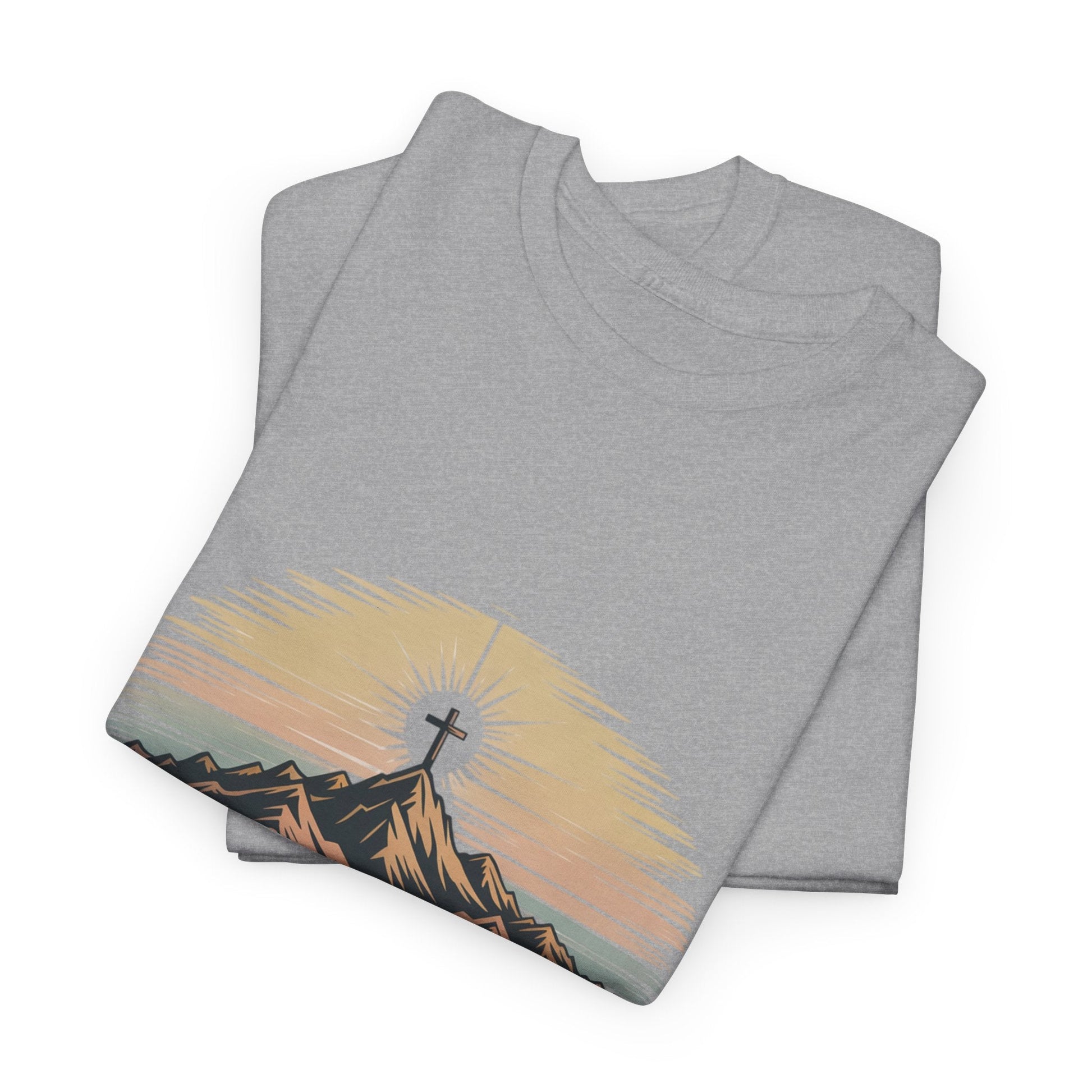 Inspirational Unisex Heavy Cotton Tee with Mountain Design Romans 8:18 - Peak Inspiration