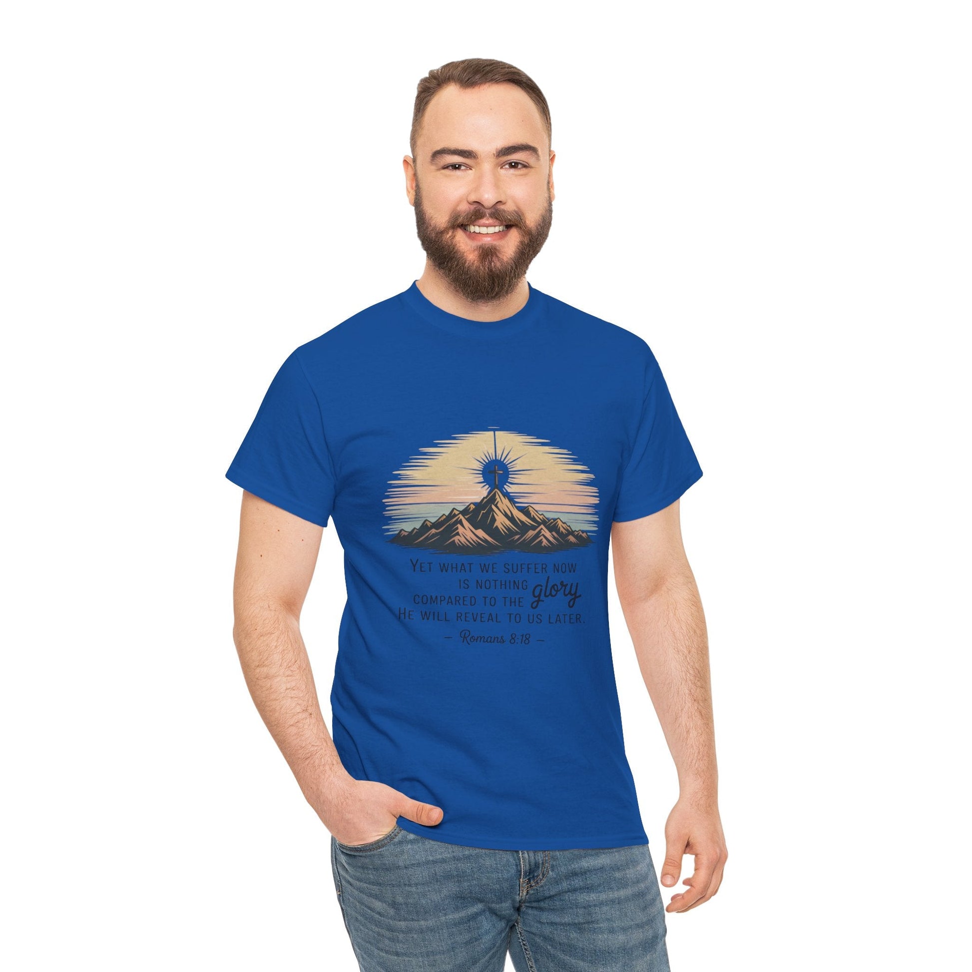 Inspirational Unisex Heavy Cotton Tee with Mountain Design Romans 8:18 - Peak Inspiration
