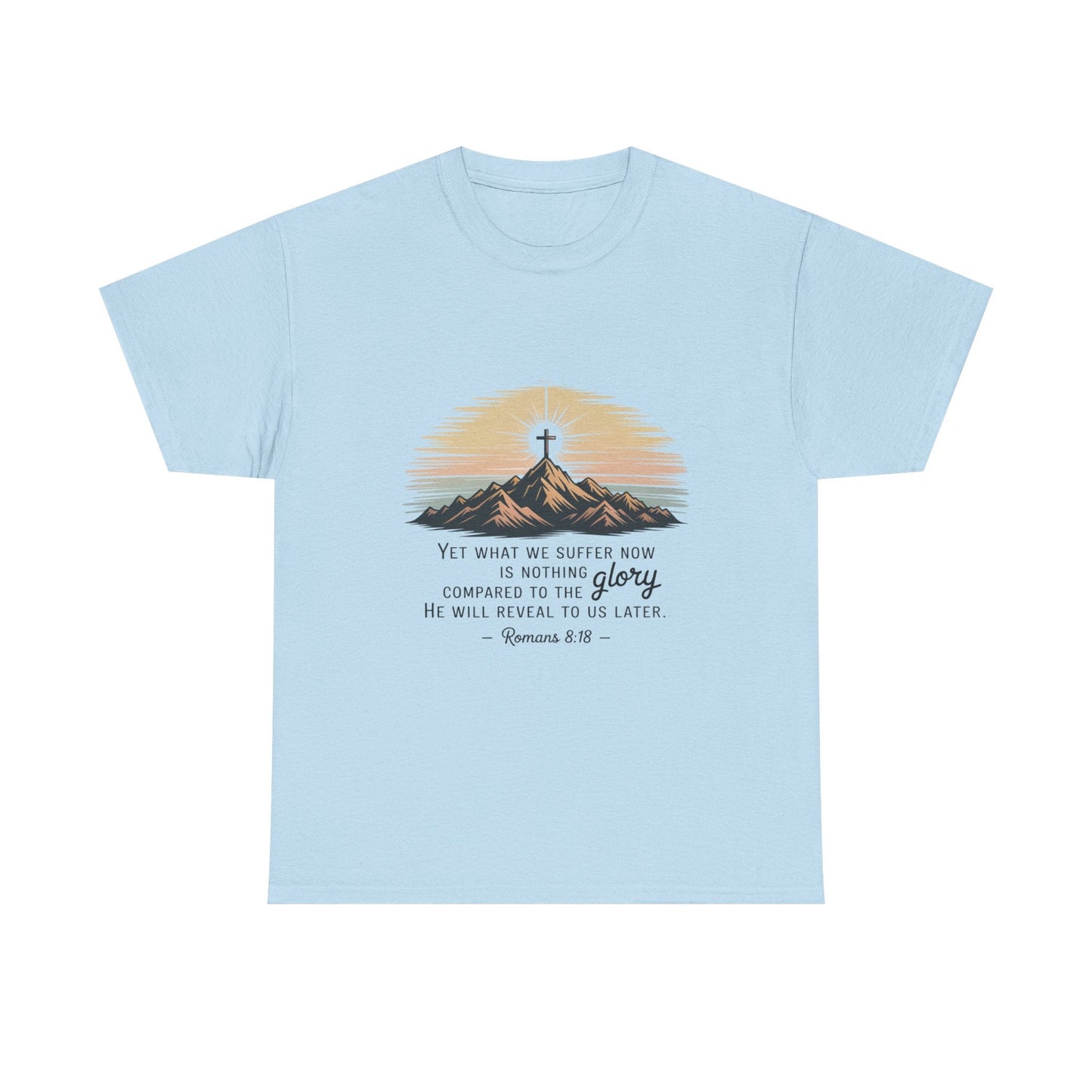 Inspirational Unisex Heavy Cotton Tee with Mountain Design Romans 8:18 - Peak Inspiration