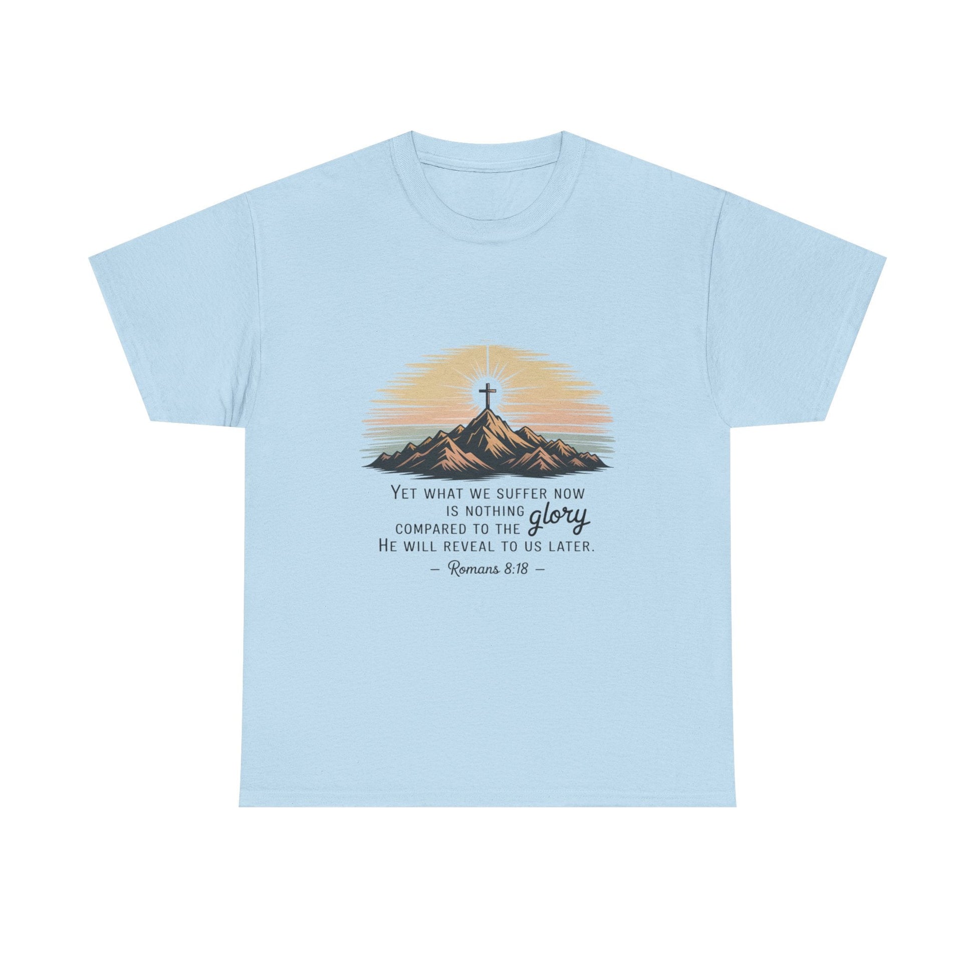 Inspirational Unisex Heavy Cotton Tee with Mountain Design Romans 8:18 - Peak Inspiration