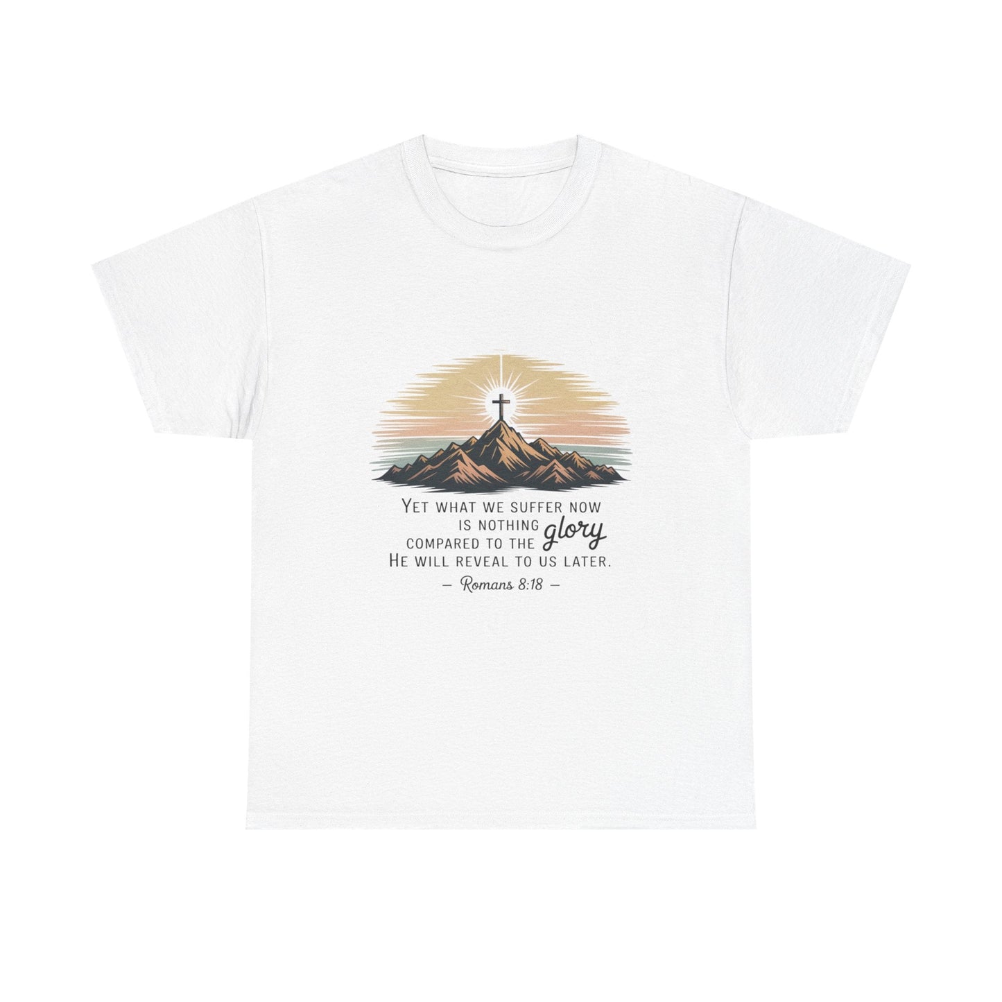 Inspirational Unisex Heavy Cotton Tee with Mountain Design Romans 8:18 - Peak Inspiration