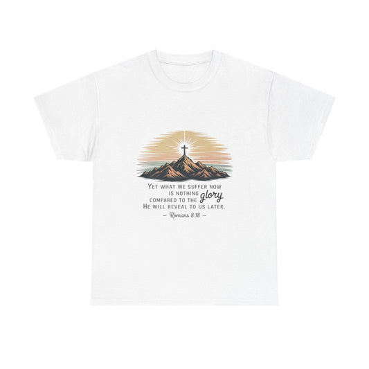 Inspirational Unisex Heavy Cotton Tee with Mountain Design Romans 8:18 - Peak Inspiration