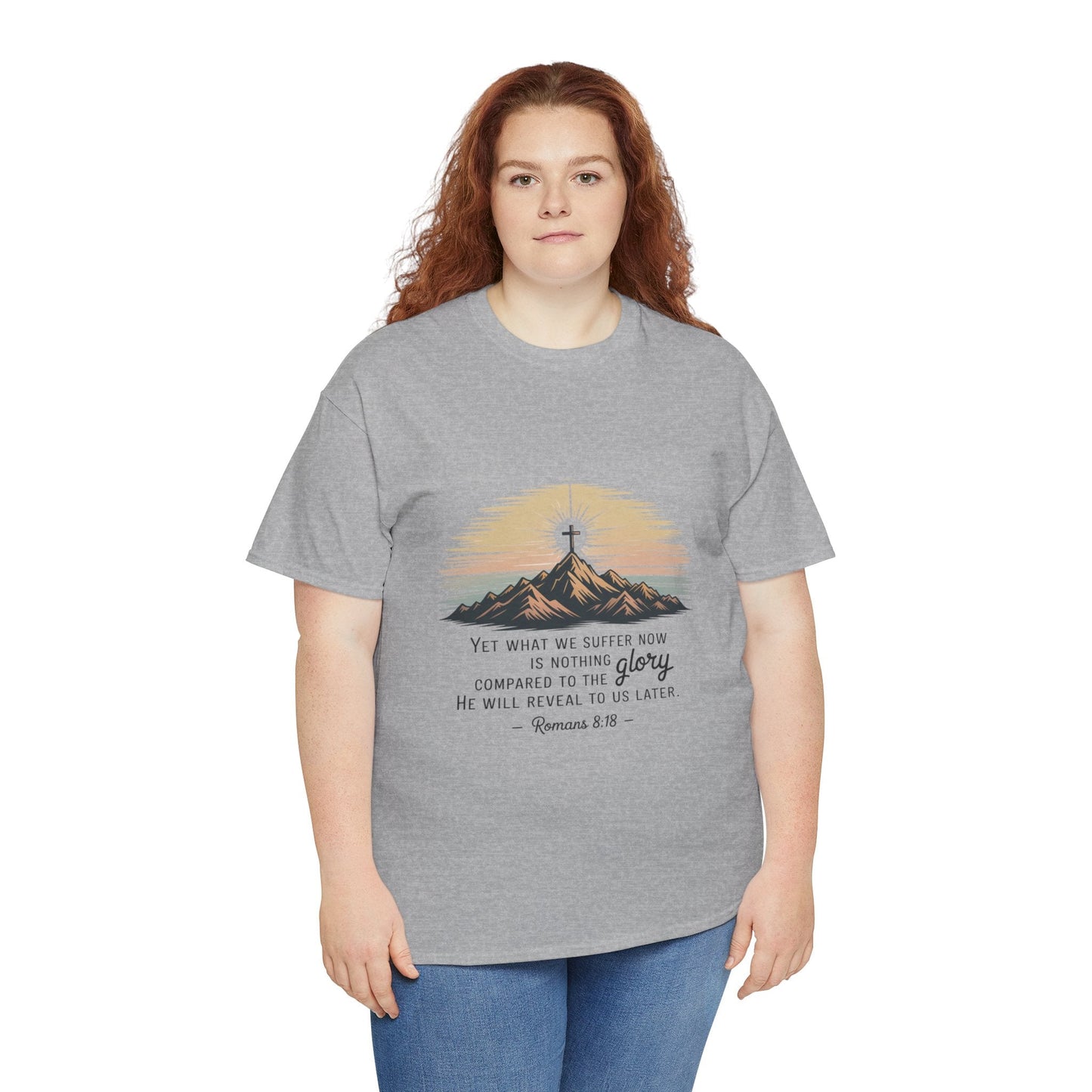 Inspirational Unisex Heavy Cotton Tee with Mountain Design Romans 8:18 - Peak Inspiration