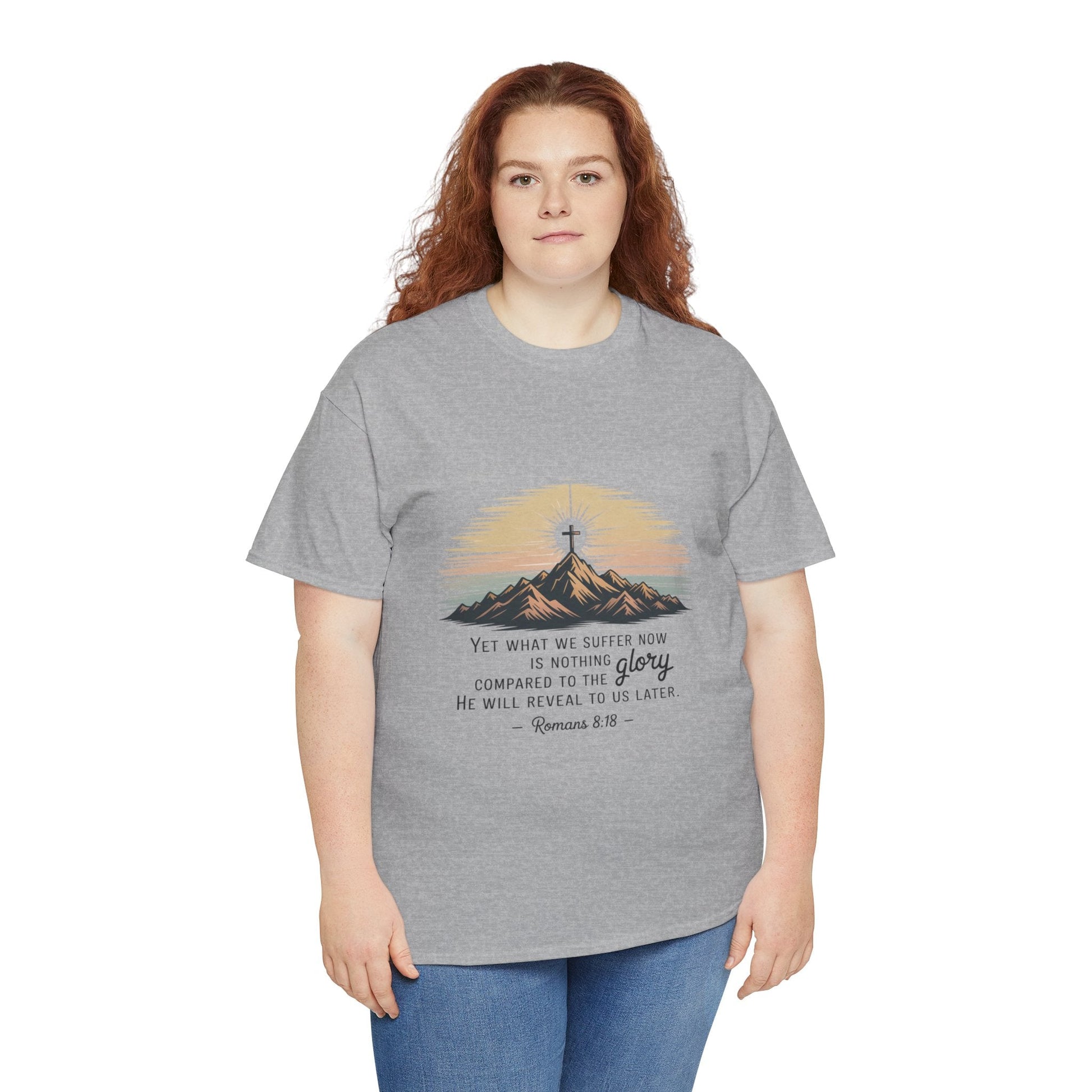 Inspirational Unisex Heavy Cotton Tee with Mountain Design Romans 8:18 - Peak Inspiration