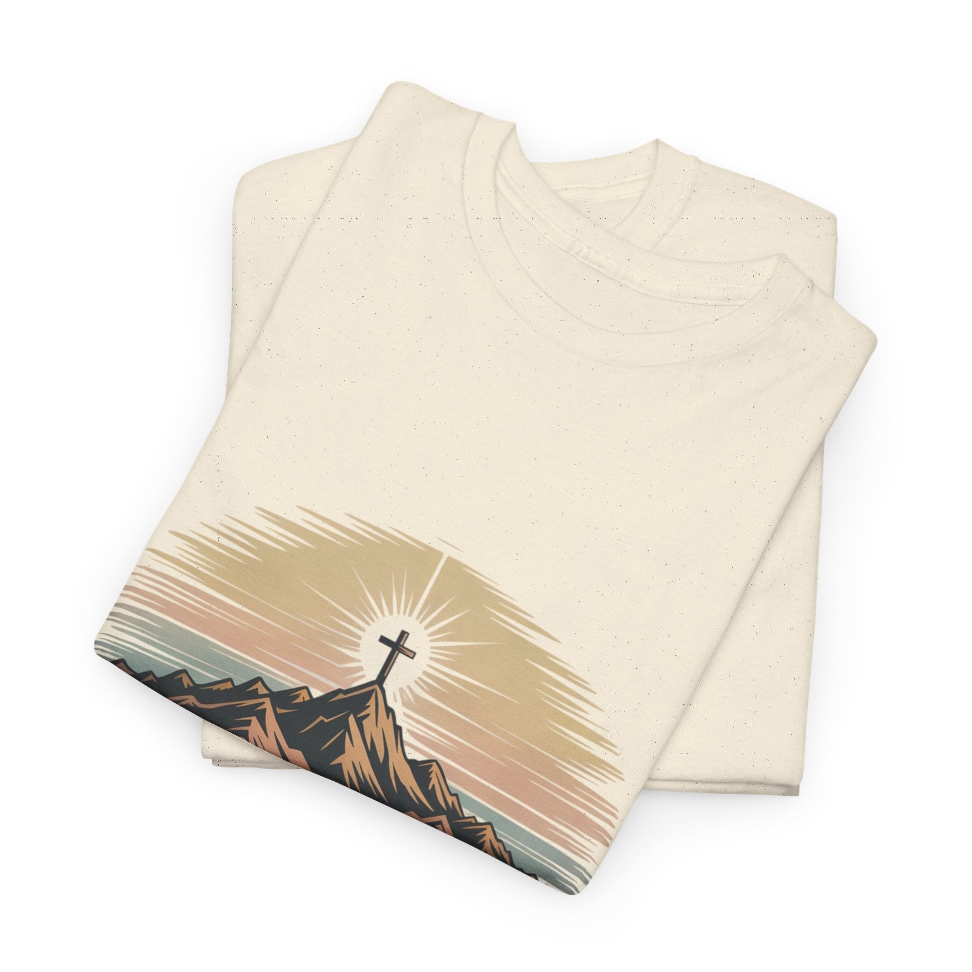 Inspirational Unisex Heavy Cotton Tee with Mountain Design Romans 8:18 - Peak Inspiration