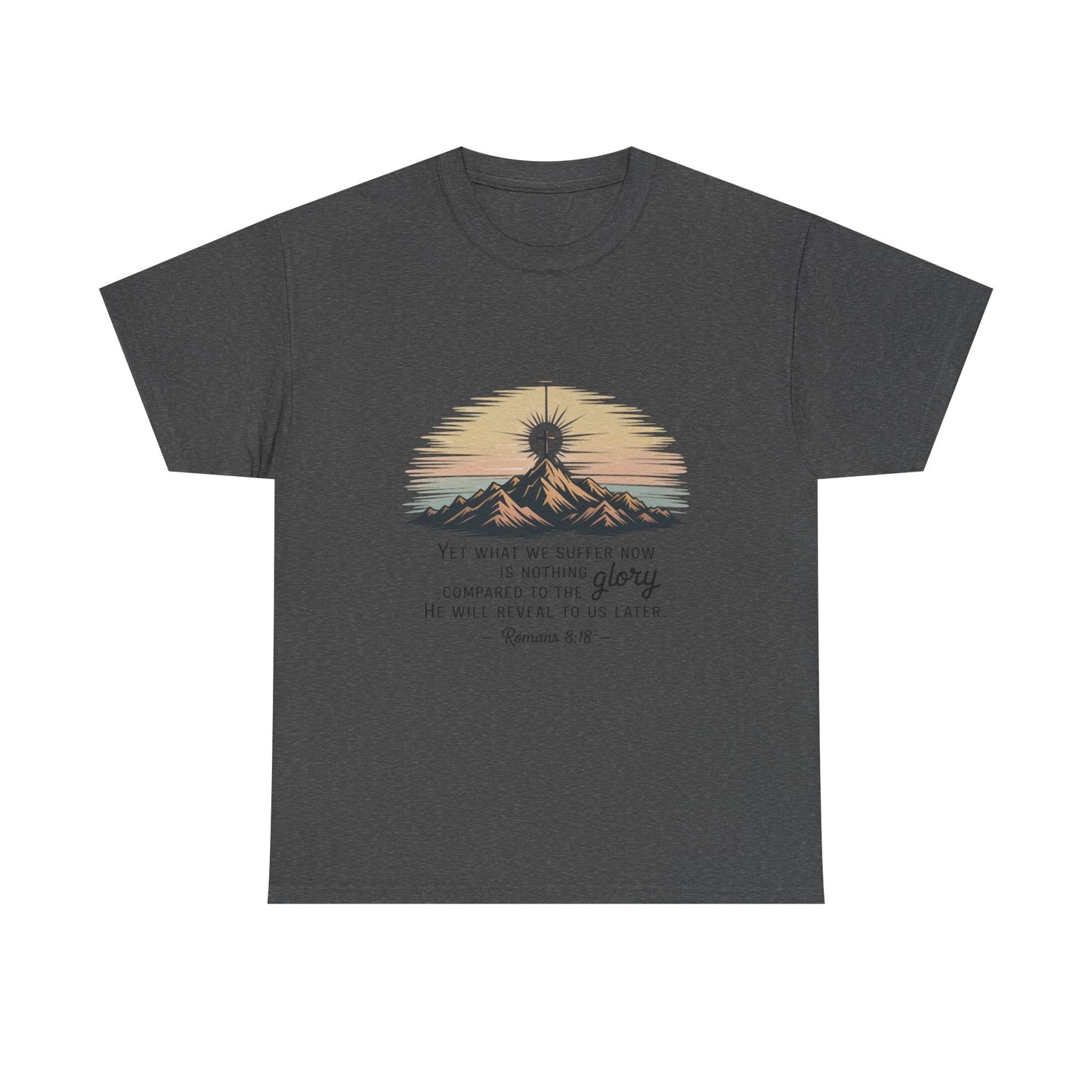 Inspirational Unisex Heavy Cotton Tee with Mountain Design Romans 8:18 - Peak Inspiration