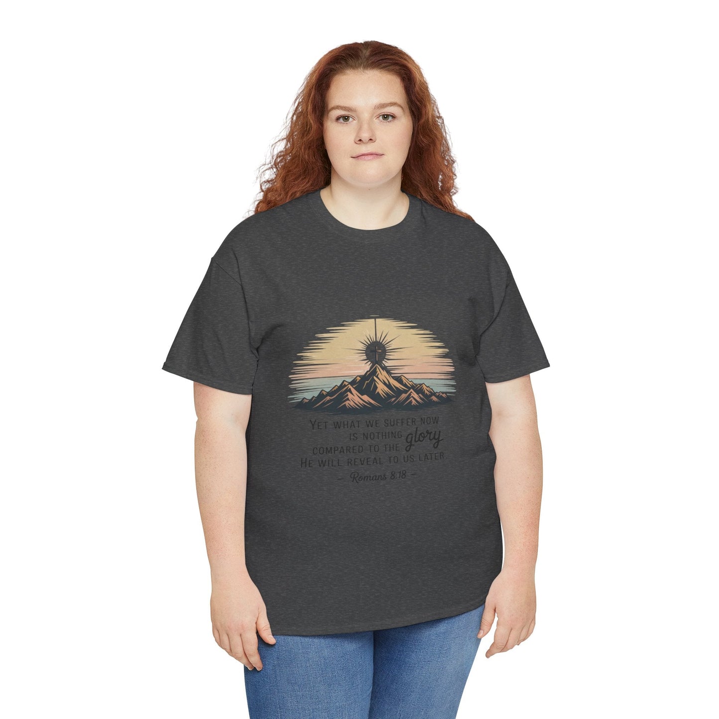 Inspirational Unisex Heavy Cotton Tee with Mountain Design Romans 8:18 - Peak Inspiration