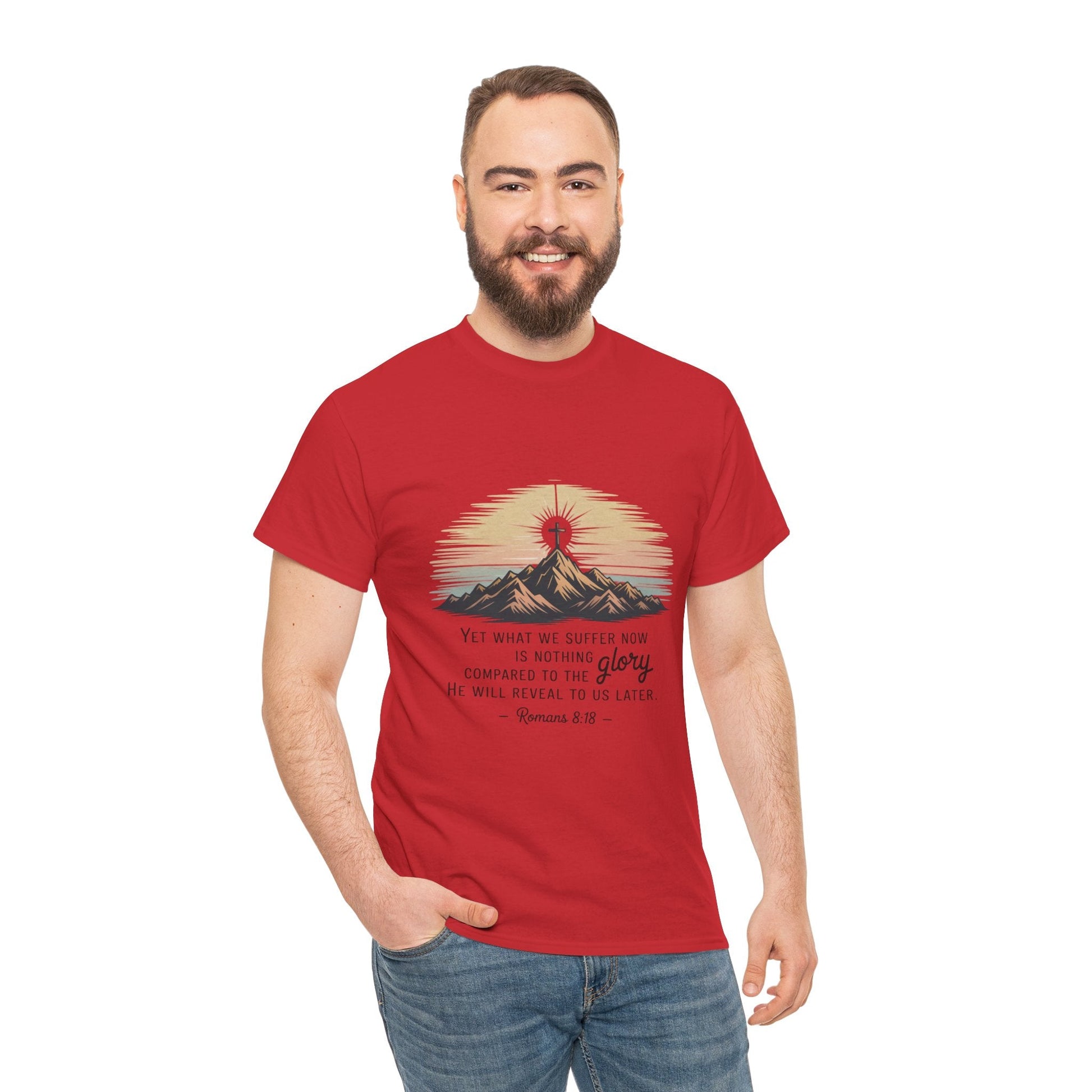 Inspirational Unisex Heavy Cotton Tee with Mountain Design Romans 8:18 - Peak Inspiration