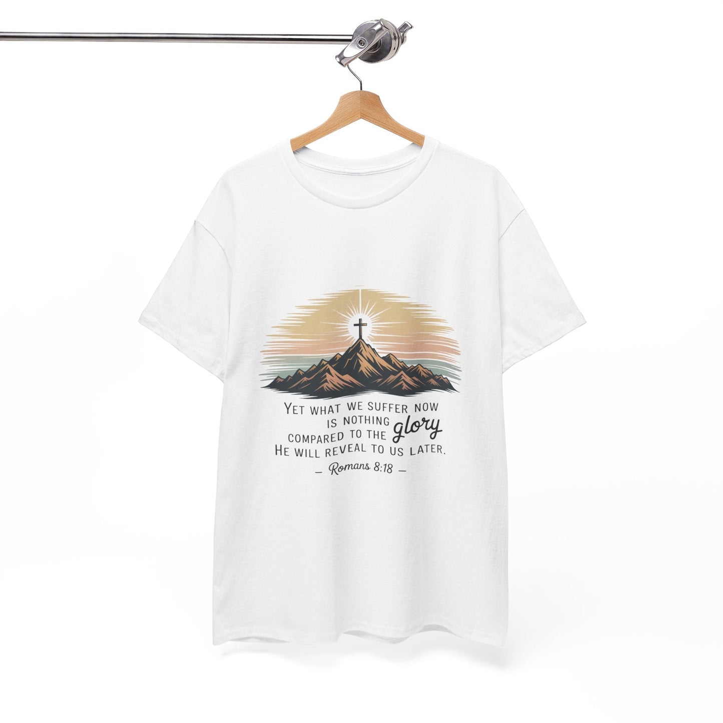 Inspirational Unisex Heavy Cotton Tee with Mountain Design Romans 8:18 - Peak Inspiration