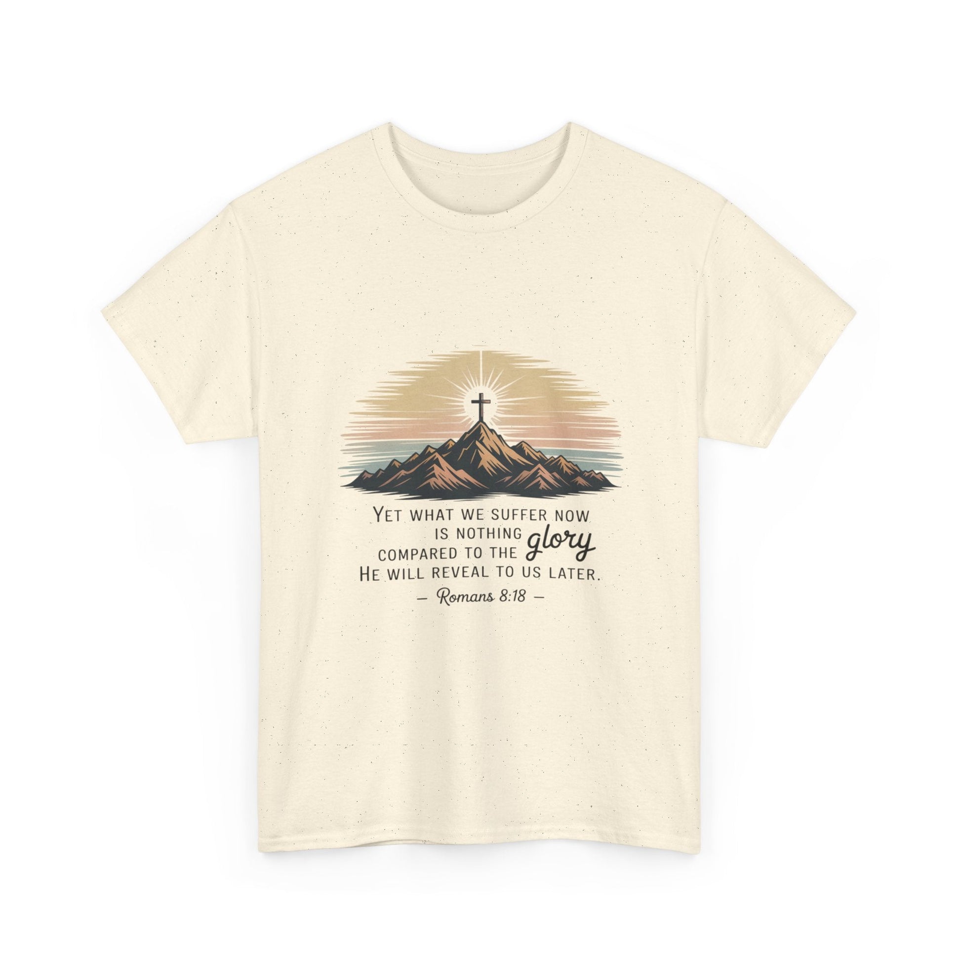 Inspirational Unisex Heavy Cotton Tee with Mountain Design Romans 8:18 - Peak Inspiration