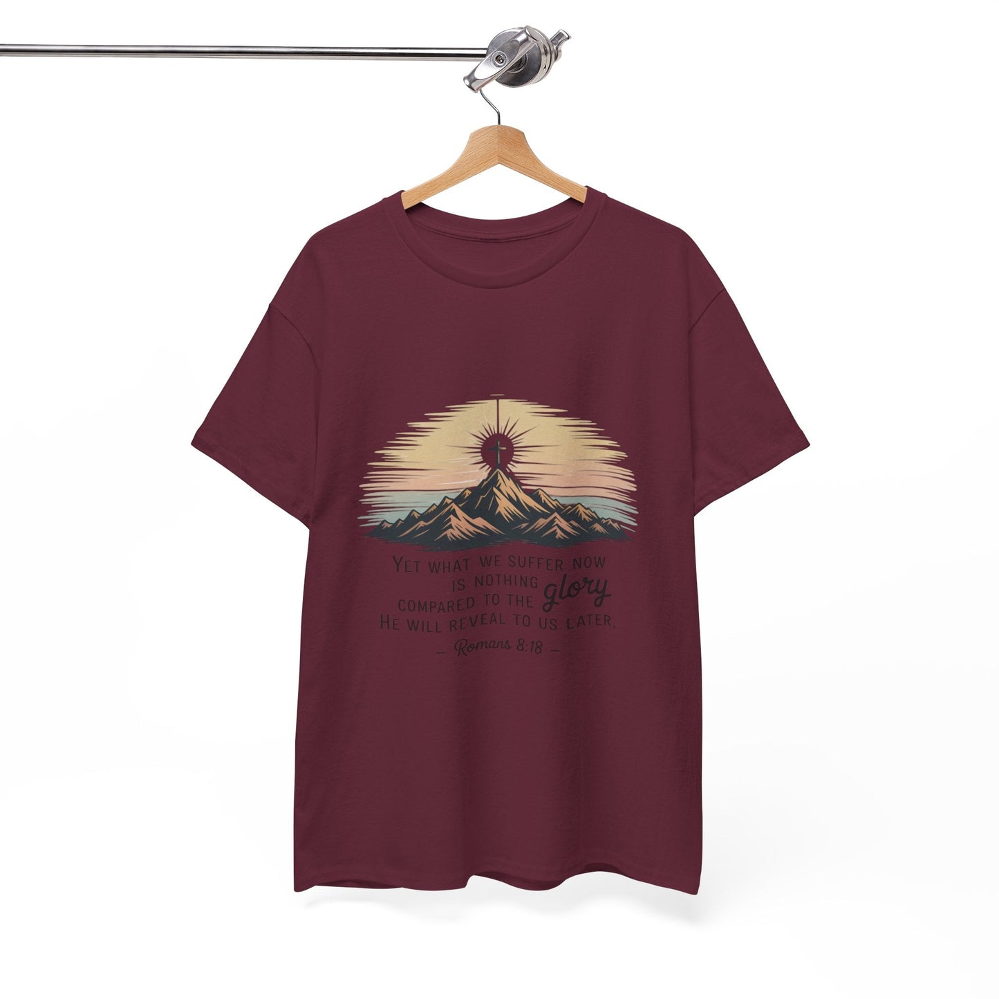 Inspirational Unisex Heavy Cotton Tee with Mountain Design Romans 8:18 - Peak Inspiration