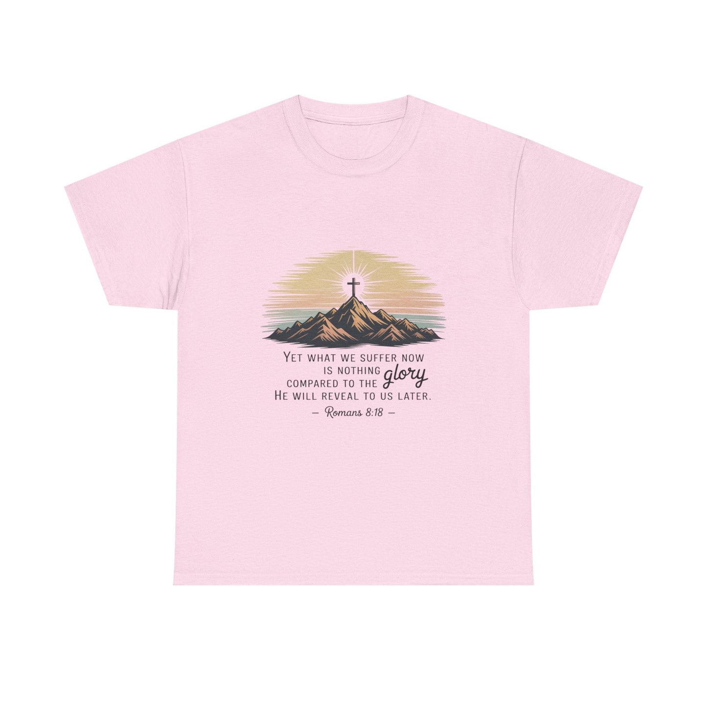 Inspirational Unisex Heavy Cotton Tee with Mountain Design Romans 8:18 - Peak Inspiration