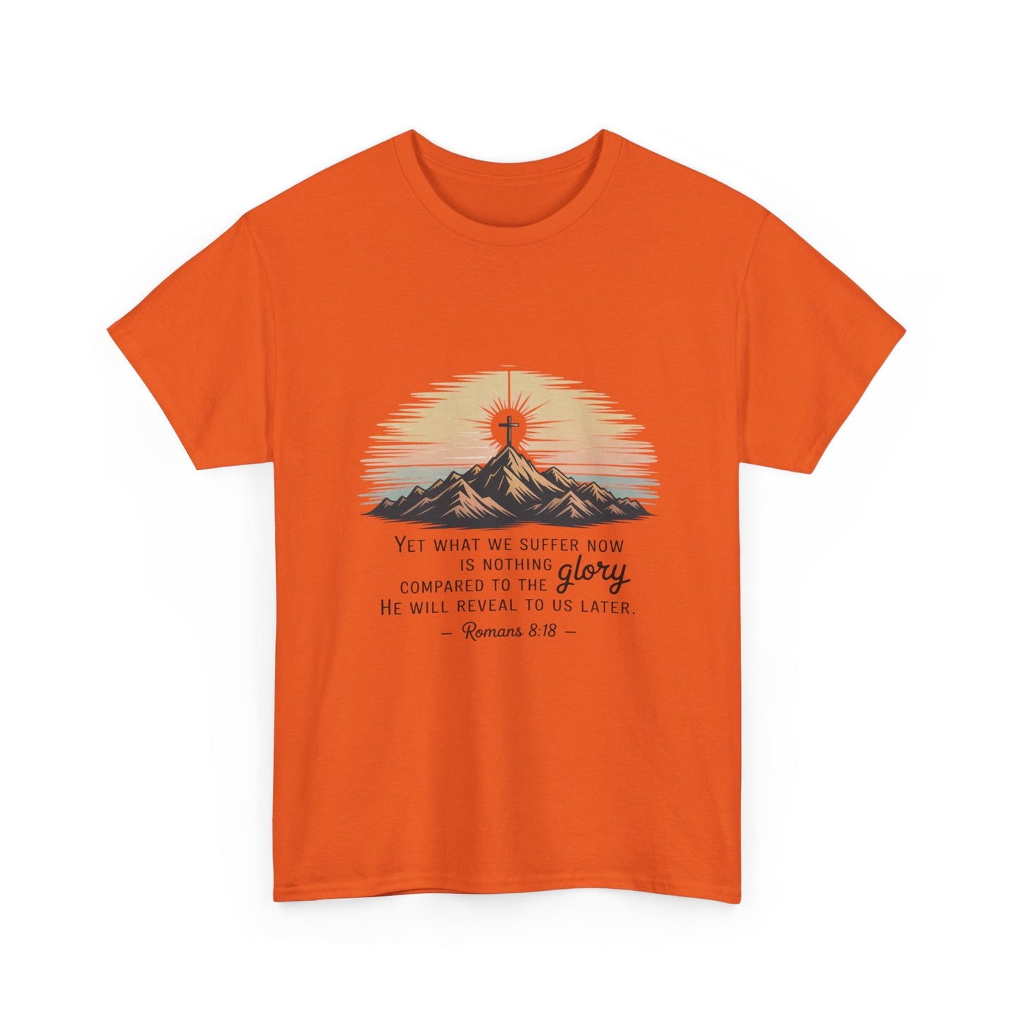Inspirational Unisex Heavy Cotton Tee with Mountain Design Romans 8:18 - Peak Inspiration