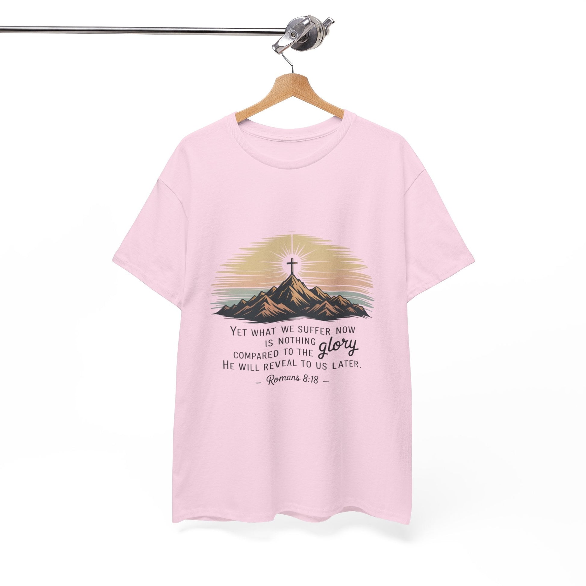 Inspirational Unisex Heavy Cotton Tee with Mountain Design Romans 8:18 - Peak Inspiration