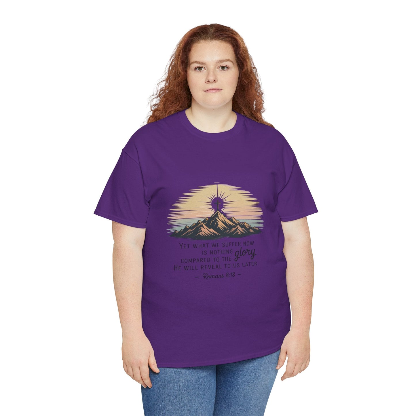 Inspirational Unisex Heavy Cotton Tee with Mountain Design Romans 8:18 - Peak Inspiration