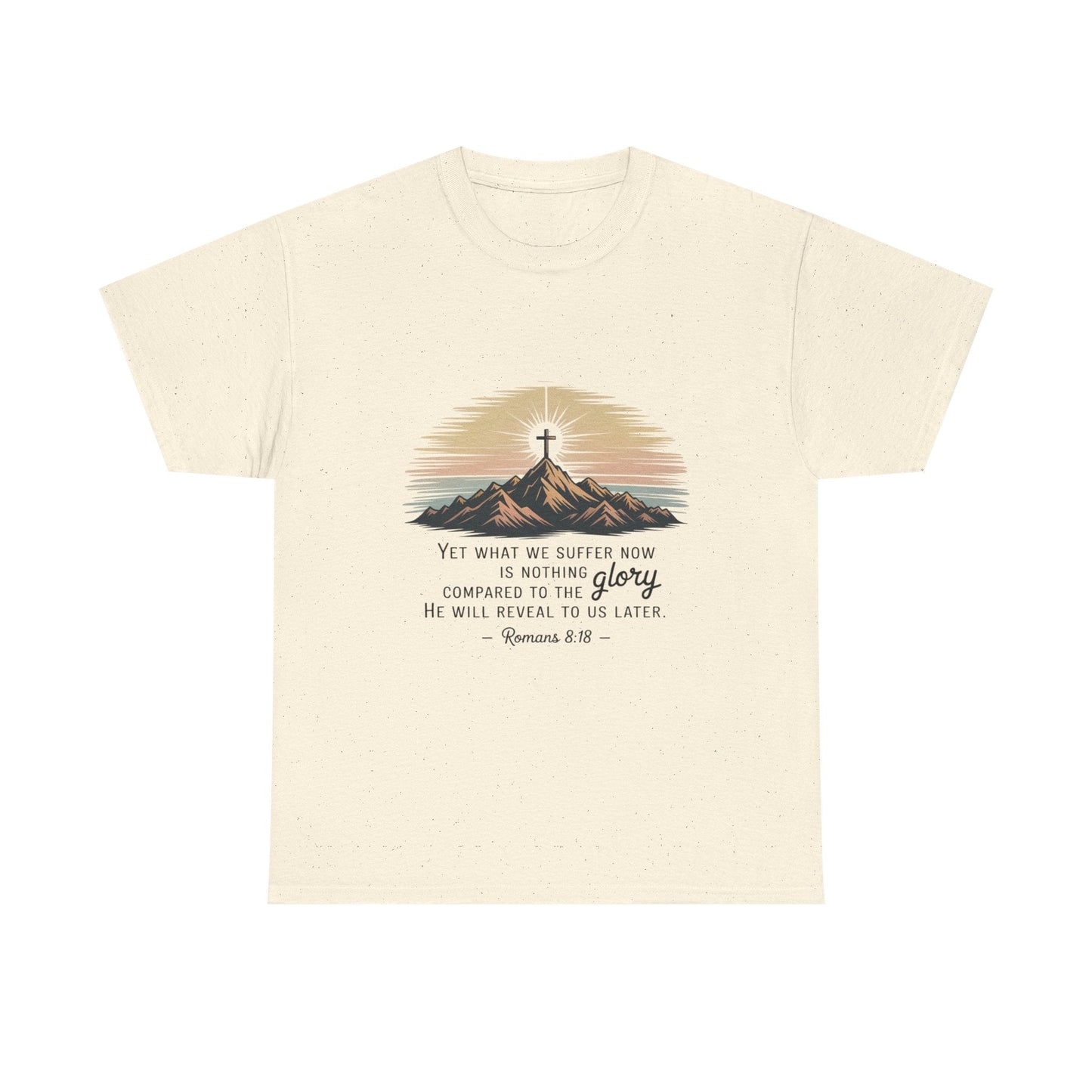 Inspirational Unisex Heavy Cotton Tee with Mountain Design Romans 8:18 - Peak Inspiration