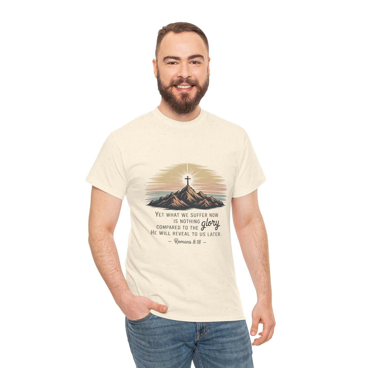 Inspirational Unisex Heavy Cotton Tee with Mountain Design Romans 8:18 - Peak Inspiration