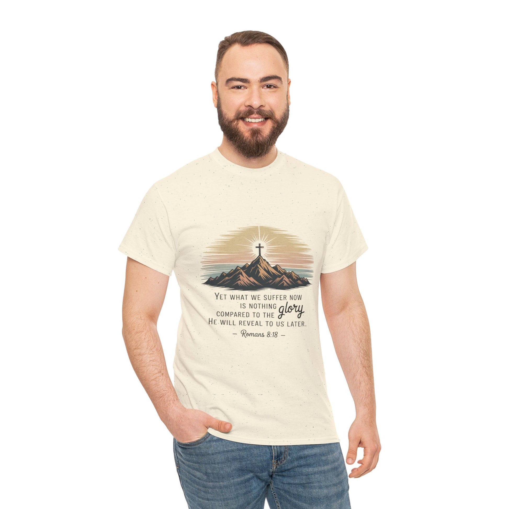 Inspirational Unisex Heavy Cotton Tee with Mountain Design Romans 8:18 - Peak Inspiration