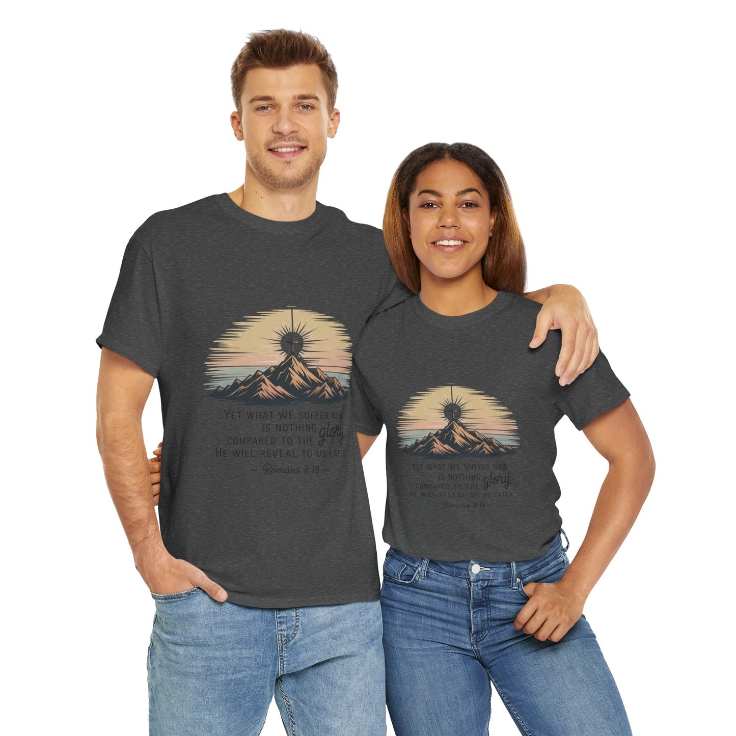 Inspirational Unisex Heavy Cotton Tee with Mountain Design Romans 8:18 - Peak Inspiration