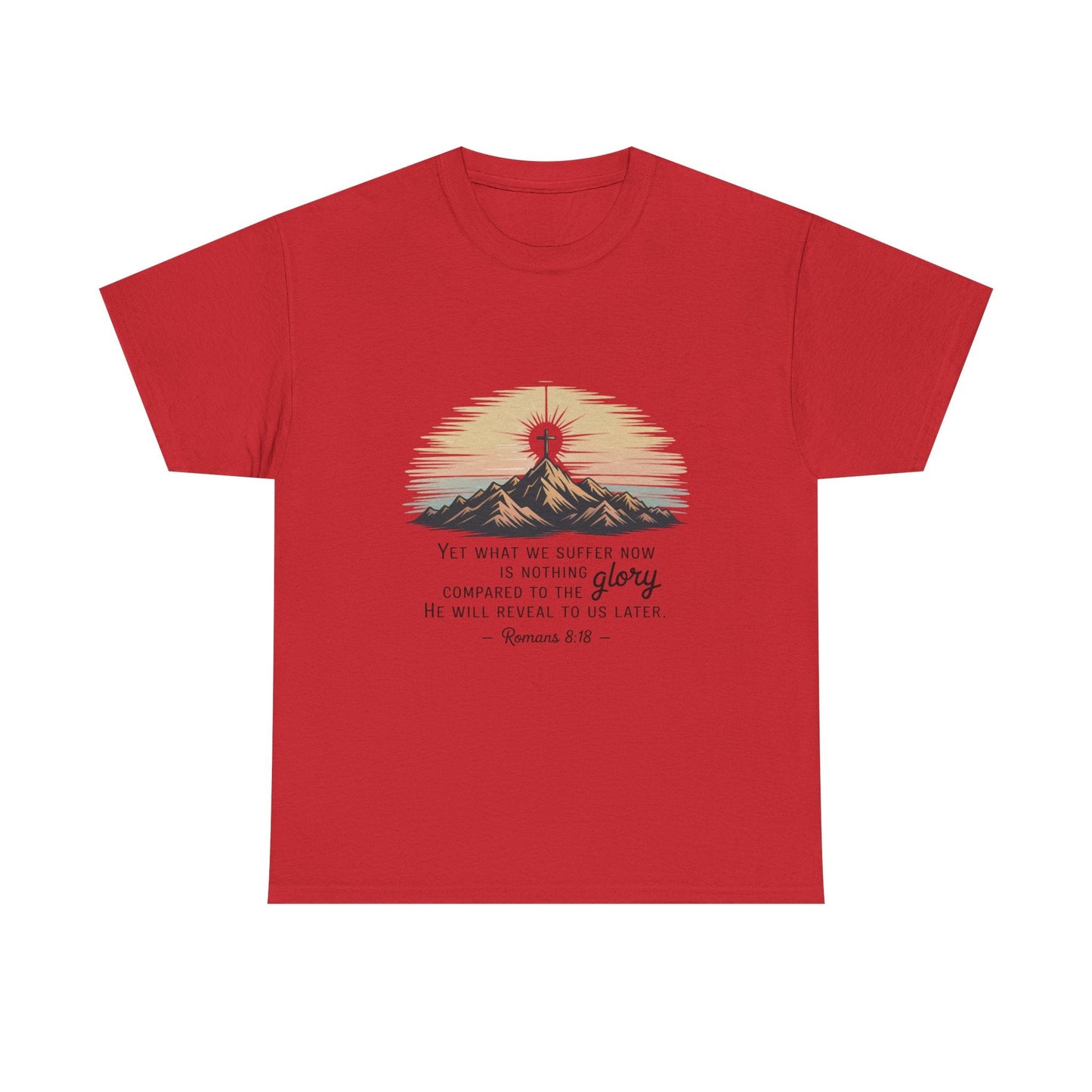 Inspirational Unisex Heavy Cotton Tee with Mountain Design Romans 8:18 - Peak Inspiration