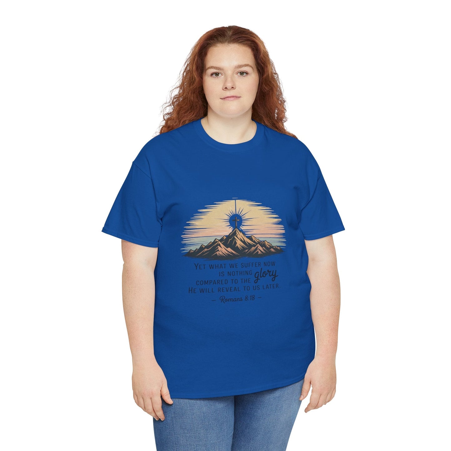 Inspirational Unisex Heavy Cotton Tee with Mountain Design Romans 8:18 - Peak Inspiration