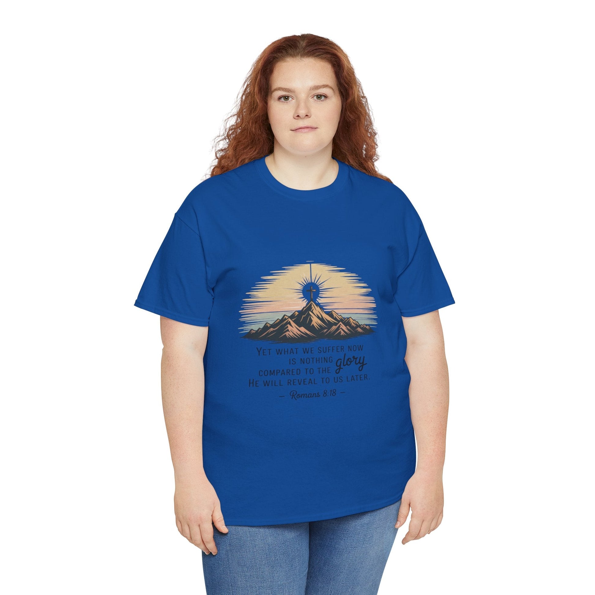 Inspirational Unisex Heavy Cotton Tee with Mountain Design Romans 8:18 - Peak Inspiration