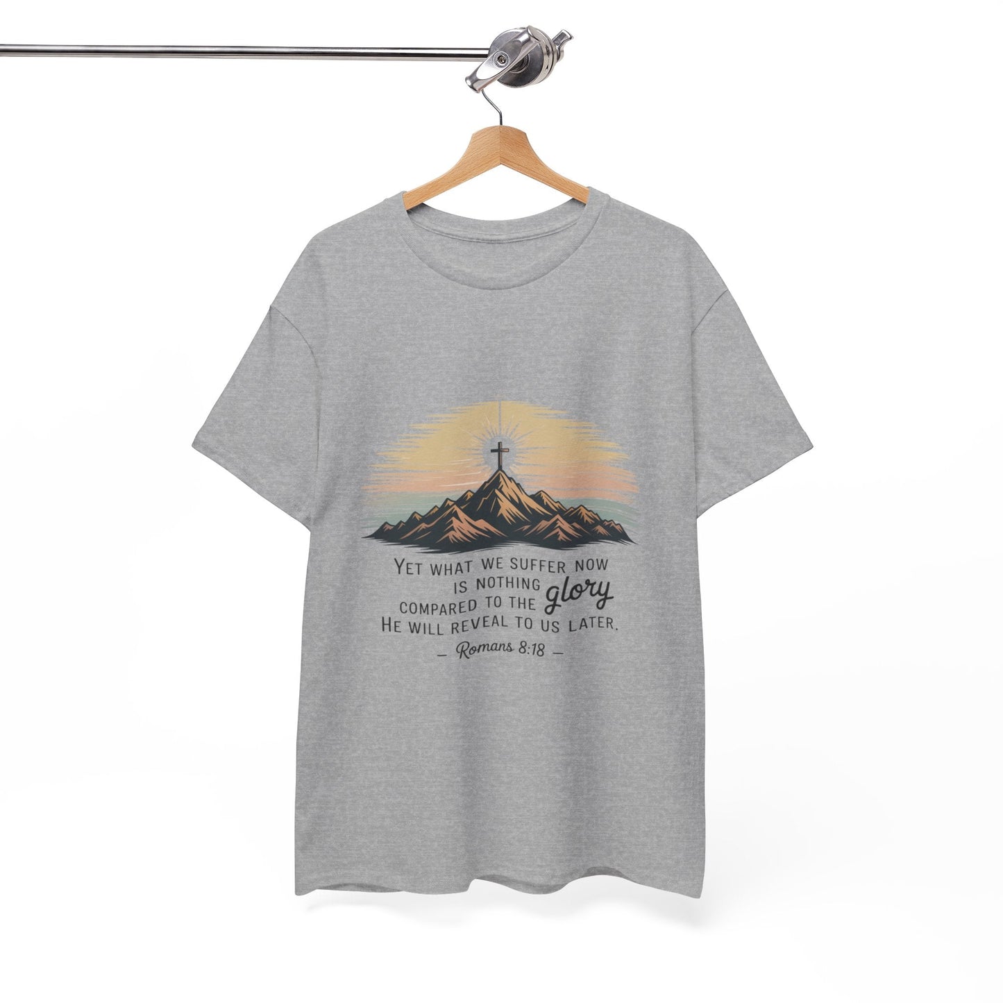 Inspirational Unisex Heavy Cotton Tee with Mountain Design Romans 8:18 - Peak Inspiration