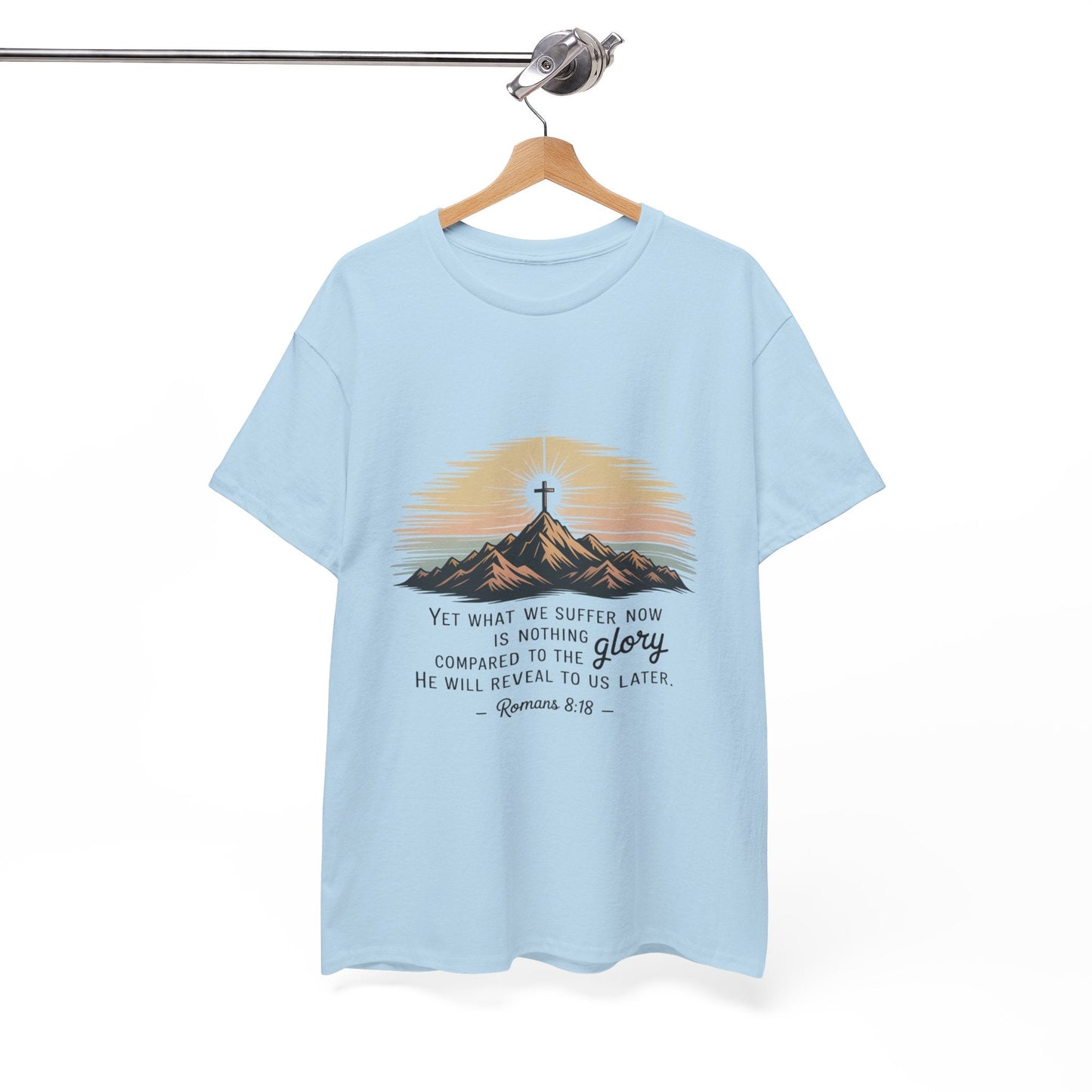 Inspirational Unisex Heavy Cotton Tee with Mountain Design Romans 8:18 - Peak Inspiration