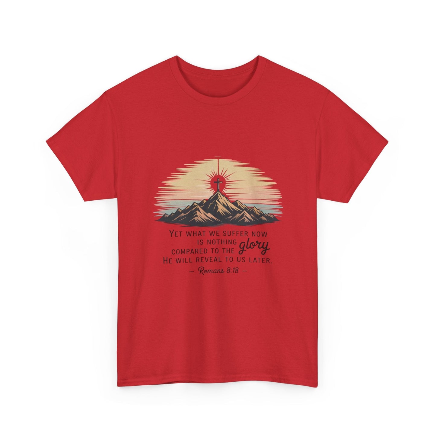 Inspirational Unisex Heavy Cotton Tee with Mountain Design Romans 8:18 - Peak Inspiration