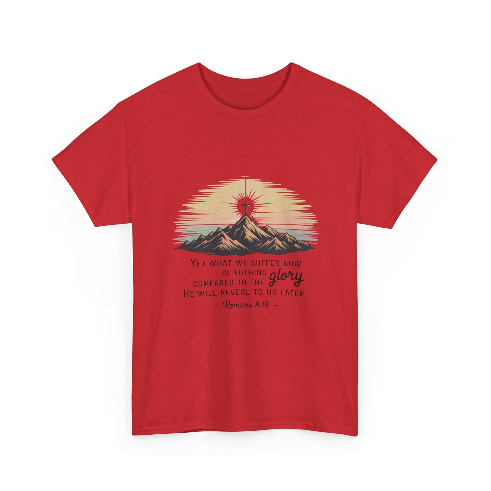 Inspirational Unisex Heavy Cotton Tee with Mountain Design Romans 8:18 - Peak Inspiration